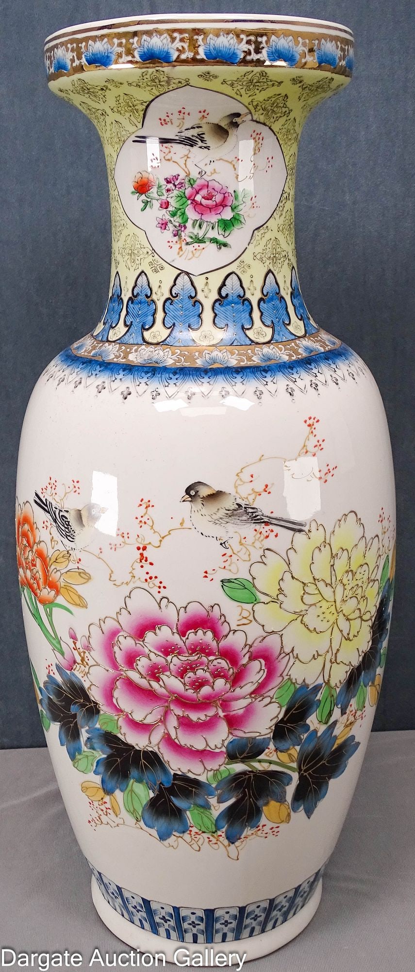 1970s FAMILLE ROSE FLOOR VASE: A 1970's Famille Rose floor vase featuring peonies and birds, bottom marked [Made in China]; Measures: 24"H x 10" diameter