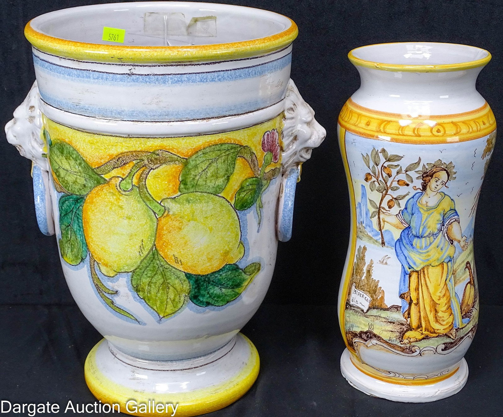 2pcs DERUTA STYLE POTTERY PIECES: Includes: A hand painted vase, in an apothecary jar style, painted with a woman next to a fruit tree and a bird (11"H x 5.25" diameter) and a hand painted wine cooler with lion handles with 