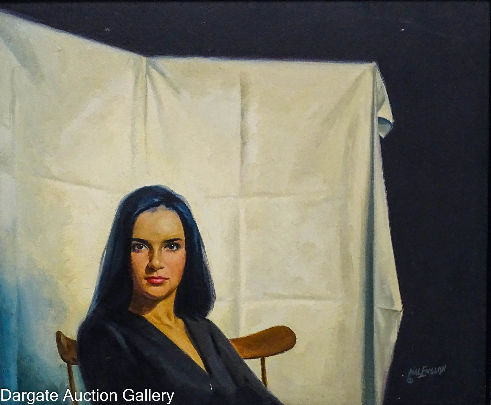HAL ENGLISH OIL ON BOARD PORTRAIT: Hal English (American/NY, 1910-2008) Oil on board portrait painting of a dark haired beauty sitting in a chair in front of a white sheet, titled "Black & White & Flesh"; signed [&cop
