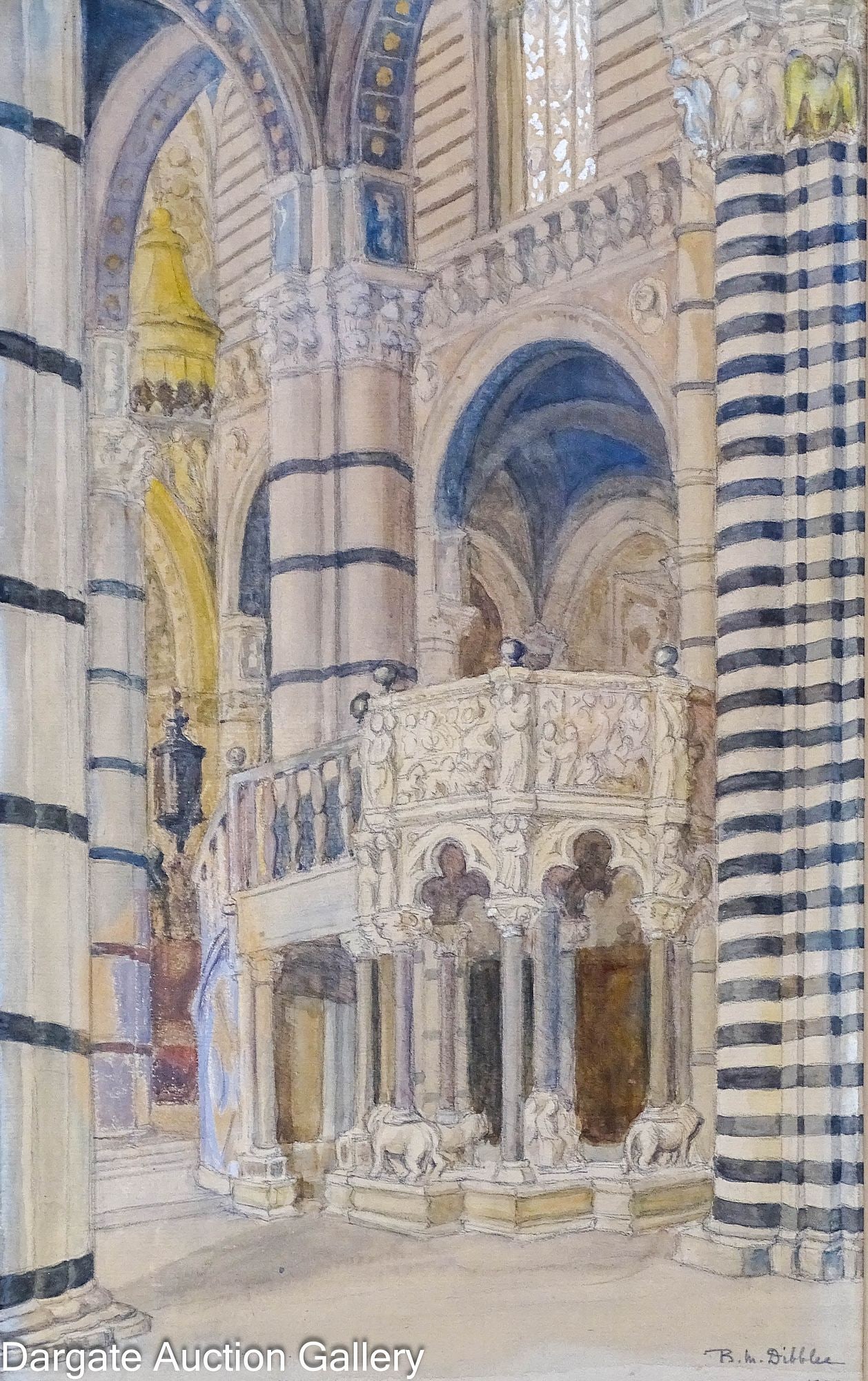 PENCIL AND WATERCOLOR SIENA CATHEDRAL PULPIT: RM (DM?) Dibblee watercolor and pencil on paper depicting the Siena Cathedral Pulpit by Nicola DiSano (1265-1268), signed lower right [R/B M DIBBLEE 1909]; set under glass in vintage molded frame; Mea