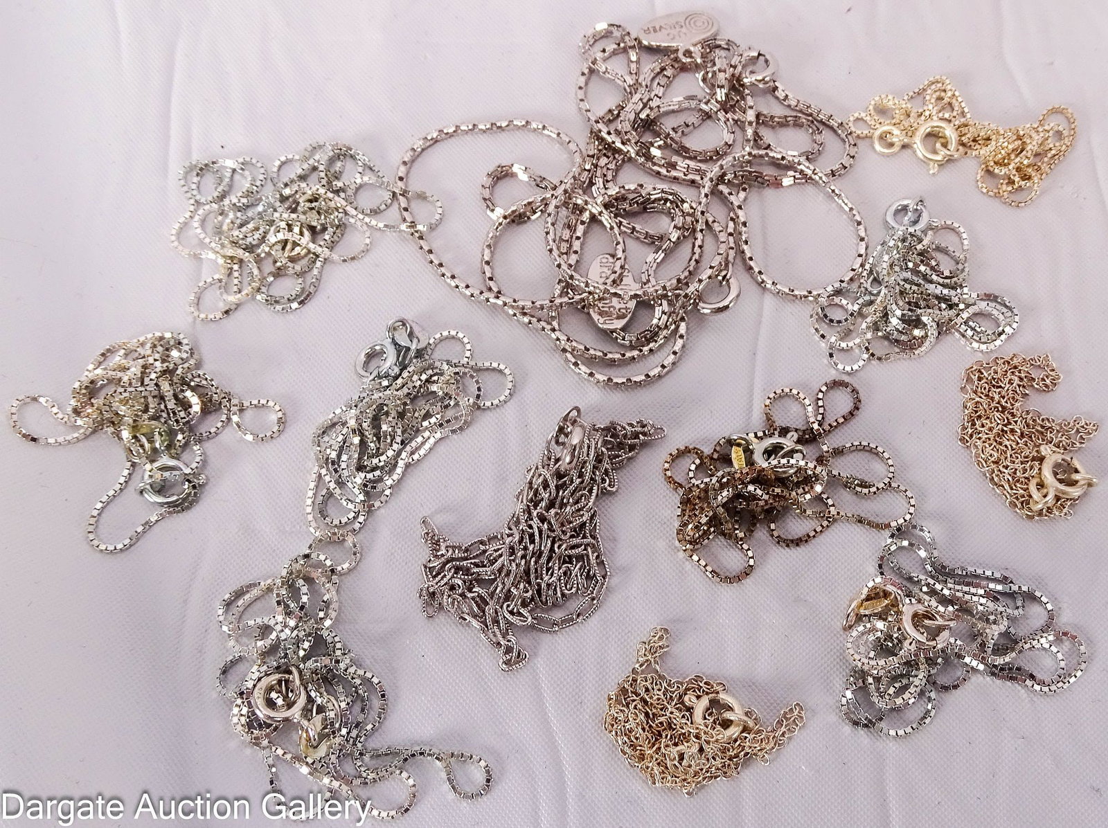 13pc ASSORTED STERLING SILVER CHAINS 14-20 INCHES: All marked [925]; (1) 14", (2) 16", (8) 18", (2) 20"; total weight - 26.8g