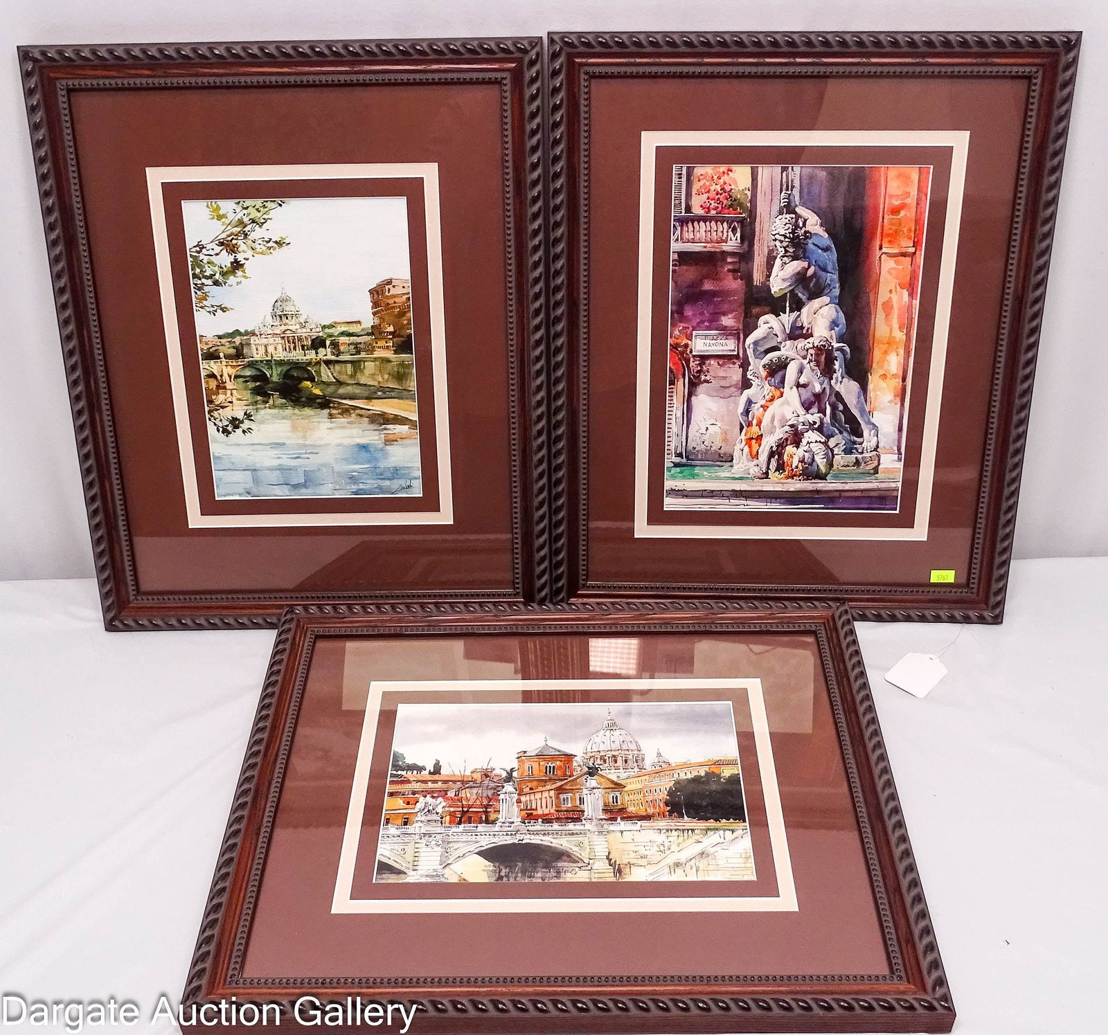 (3) ITALIAN WATERCOLORS OF ST PETERS BASILICA: Includes: Neptunes Fountain, Piazza Navona, Rome, Italy St Peters Basilica, Rome, Italy St Peters Basilica from the Ponte Vittorio Emanuelle II bridge, Rome, Italy Measures: Frame - 19"H x 