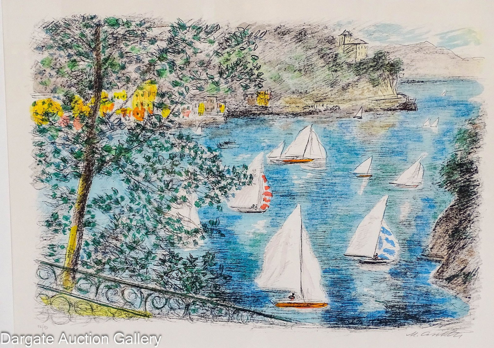 MICHELE CASCELLA LITHOGRAPH PORTOFINO: Michele Cascella (Italy, 1892-1989) Lithograph, fauvist style depicting of Portofino, numbered 56/150; Signed lower right; Set under glass in contemporary frame; Measures: Visible Art - 17.25"H x