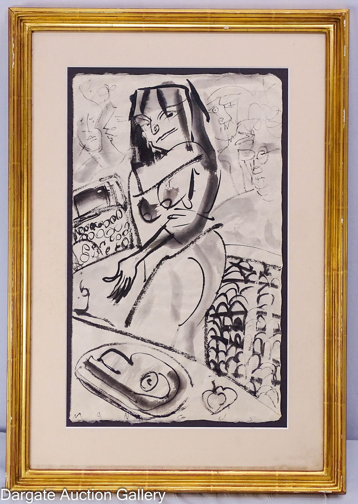 KIRK MANGUS ABSTRACT WOMAN WATERCOLOR: Kirk Mangus (American/PA/OH, 1952-2013) Watercolor abstract of a woman, signed across the bottom [MAGNUS]; set under glass in gilt frame; Measures: Visible Art - 17.5"H x 16.5"W, Frame - 23.