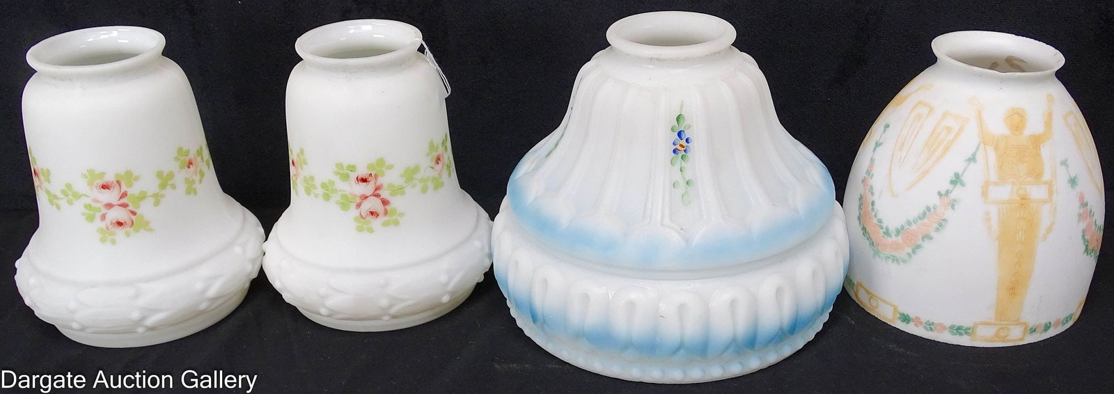 (4) ASSORTED HAND PAINTED 2.25" FITTER SHADES: Includes: A matched pair of white frosted shades with laurel leaves embossed around the lower edge, with delicately painted vining roses and leaves circling the main body (5"H x 4.5" d