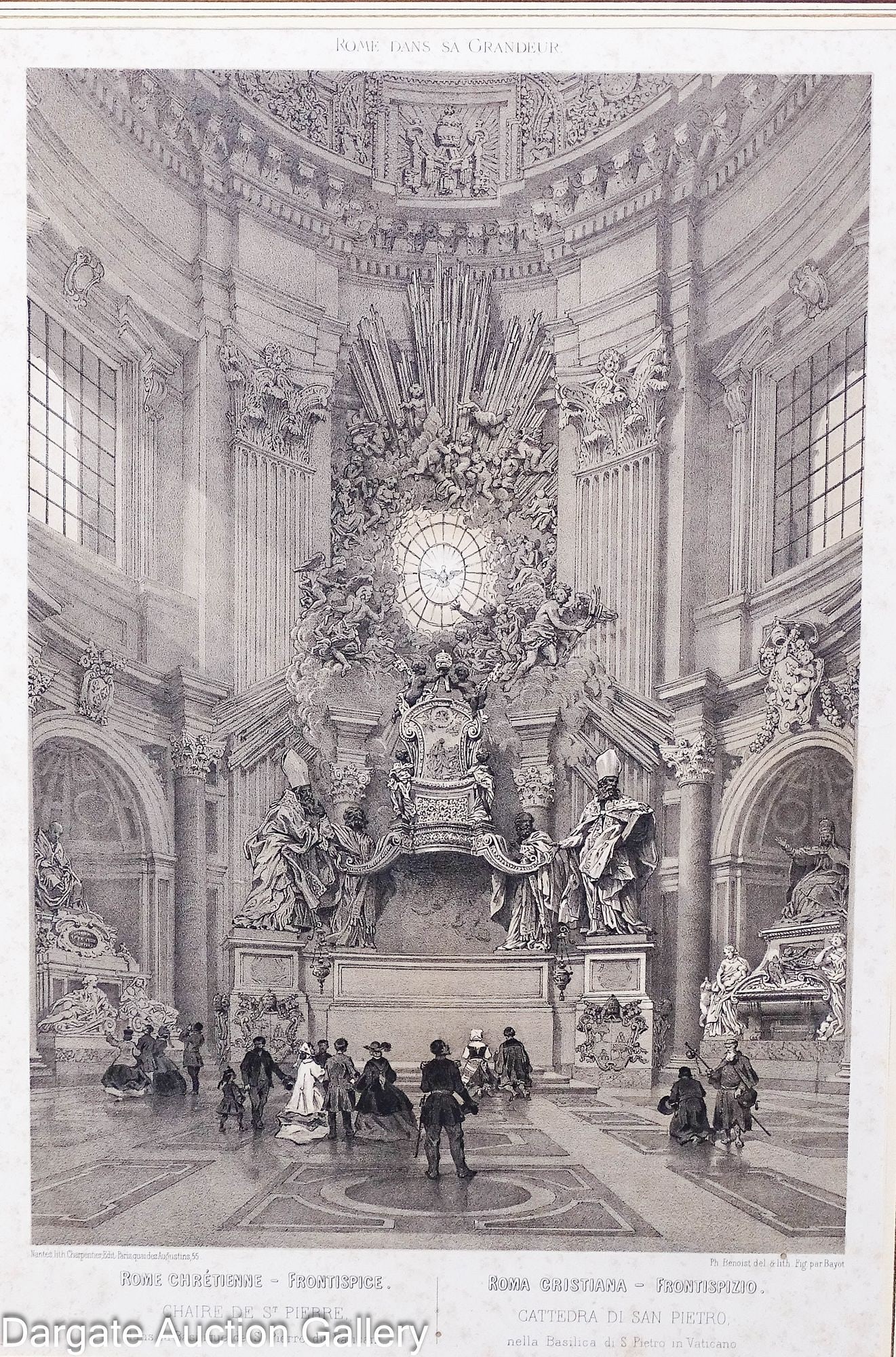 FELIX BENOIST CHAIR OF ST PETER LITHOGRAPH: Felix Benoist (French, 1818-1896) lithograph depicting the chair of St Peter in St Peters Basilica in the Vatican, from the "Rome dans sa grandeur" series; Measures: 22.5"H x 16.5"