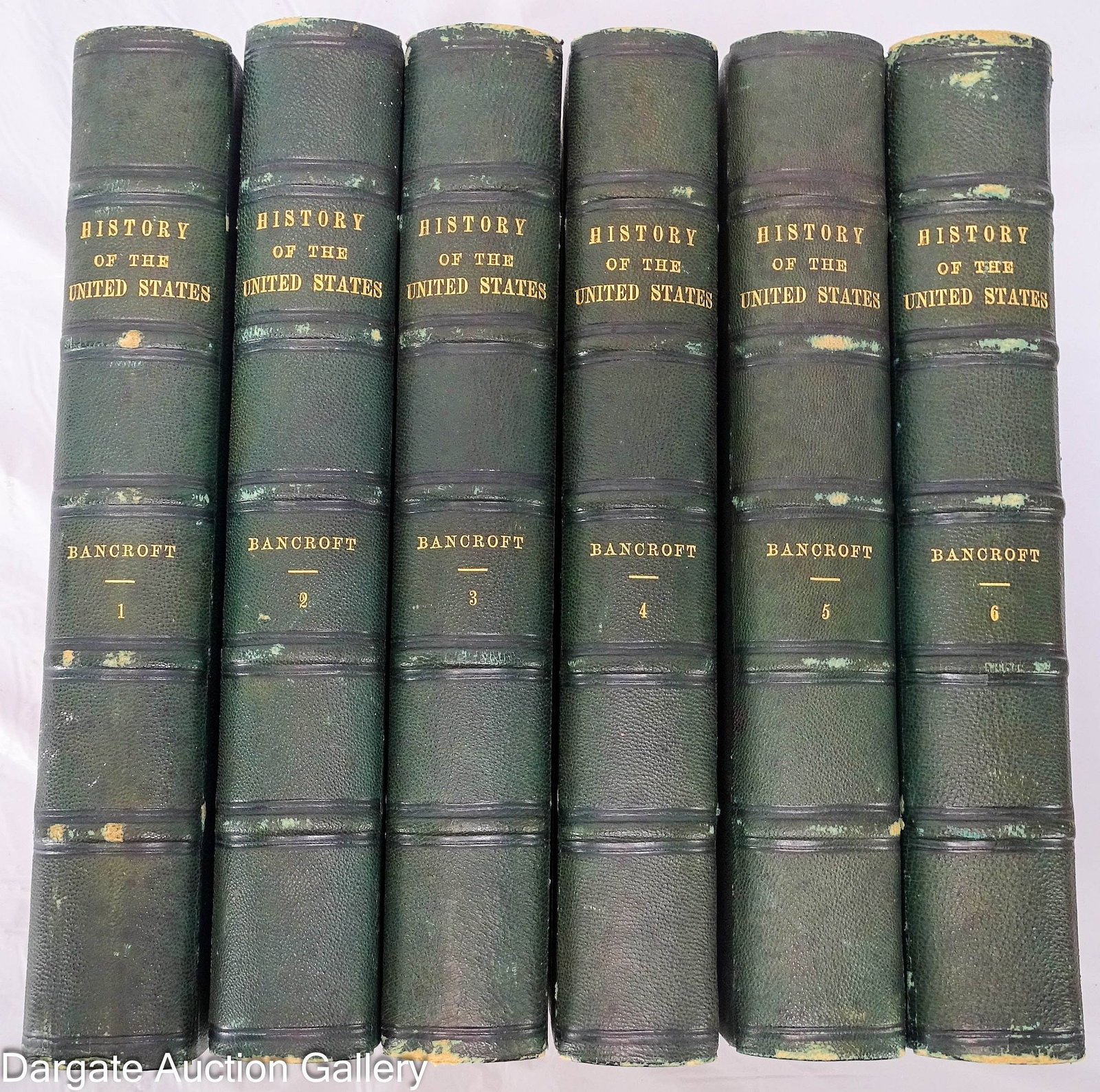 HISTORY OF THE UNITED STATES VOL. 1 - 6 BANCROFT: Volume 1 through 6 of The History of the United States by George Bancroft, circa 1854. Features beautifully marbled covers and interior papers with green leather binding and gold lettering / Measures: