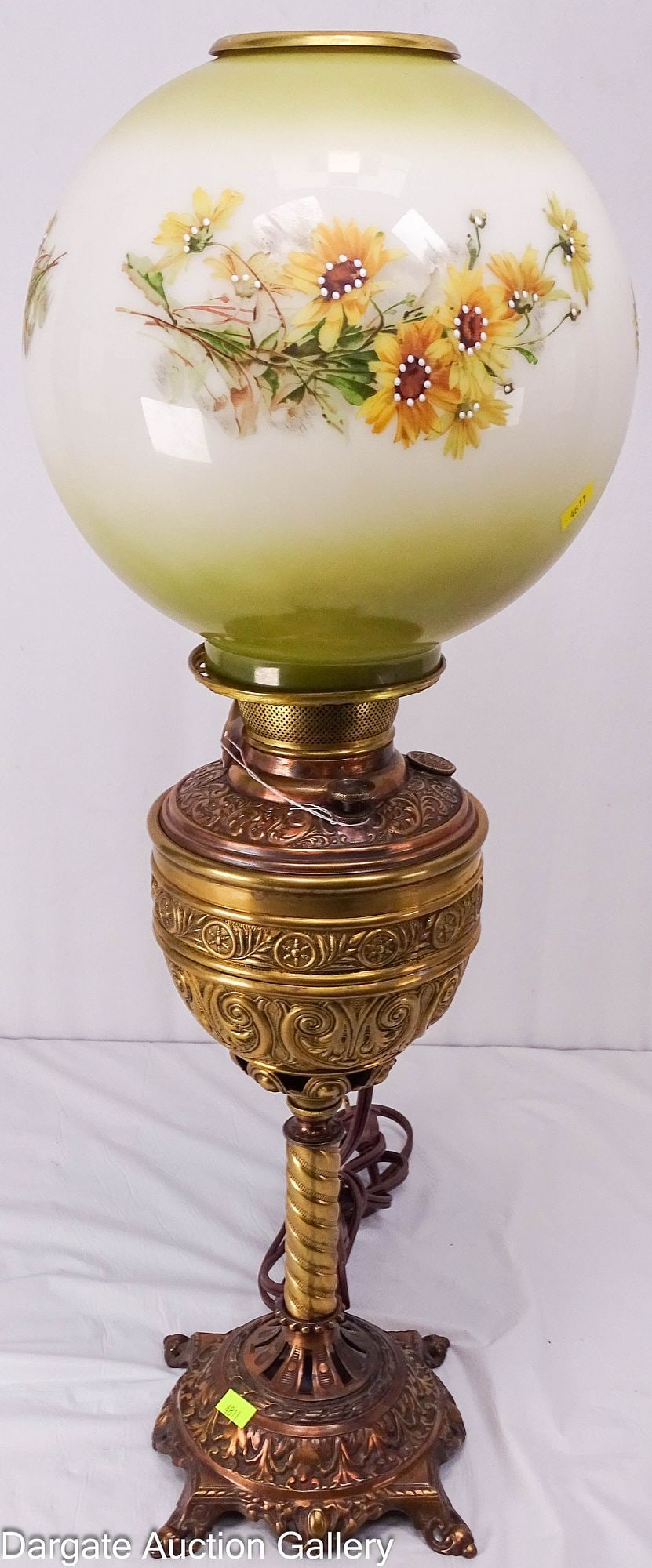19th C PARKER ORNATE BRASS PARLOR LAMP: Late Victorian brass parlor or banquet lamp signed [PARKER] on font cap; made of cast and stamped brass with a bronze base; very well made with a Renaissance Revival Style; newer ball shade with hand 
