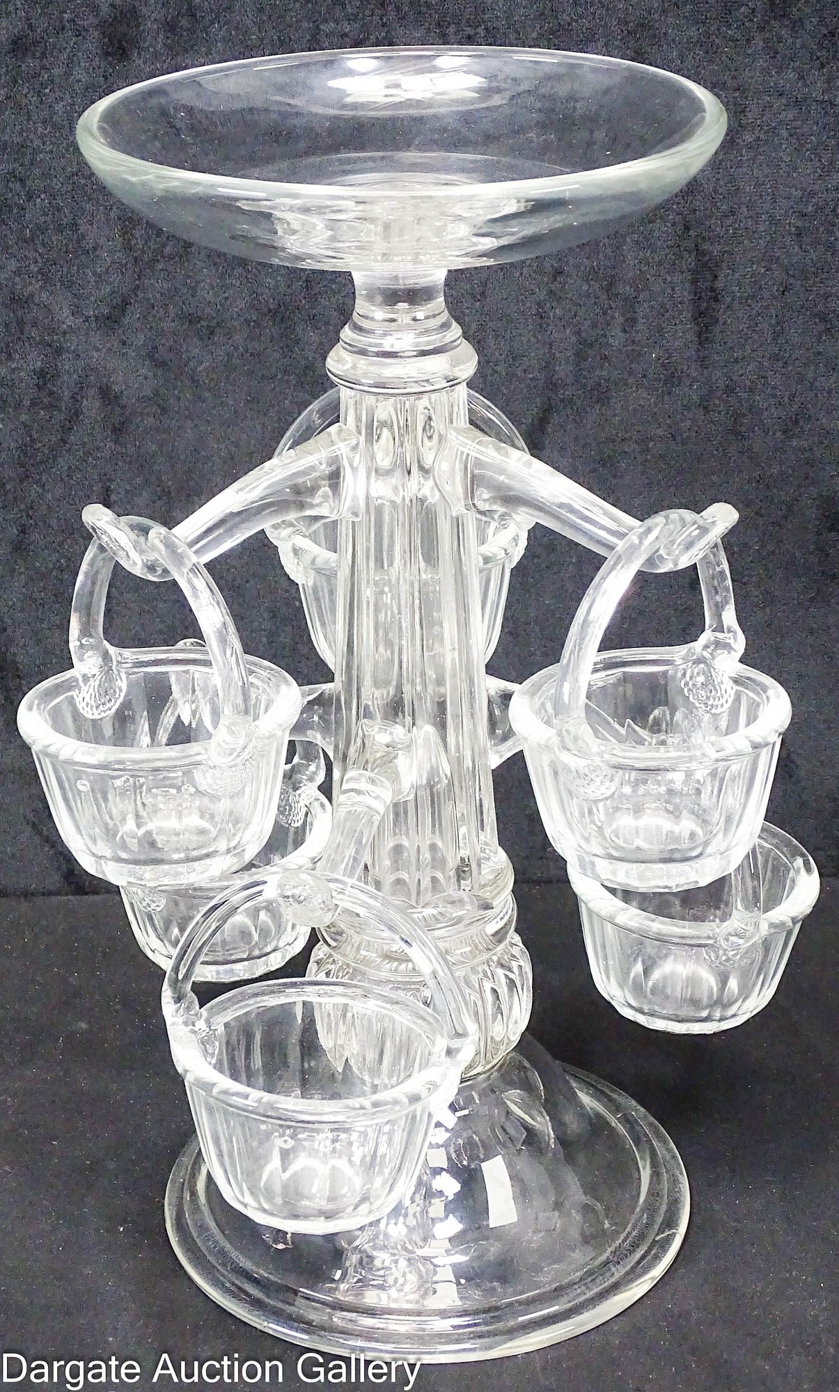 MURANO ART GLASS ARCHIMEDE SEGUSO STYLE TREE EPERGNE: Not signed but attributed to Archimede Seguso; features a sweet meat tree epergne with six hanging glass baskets on six individual branches, an attached top bowl, and a domed base with a ribbed b