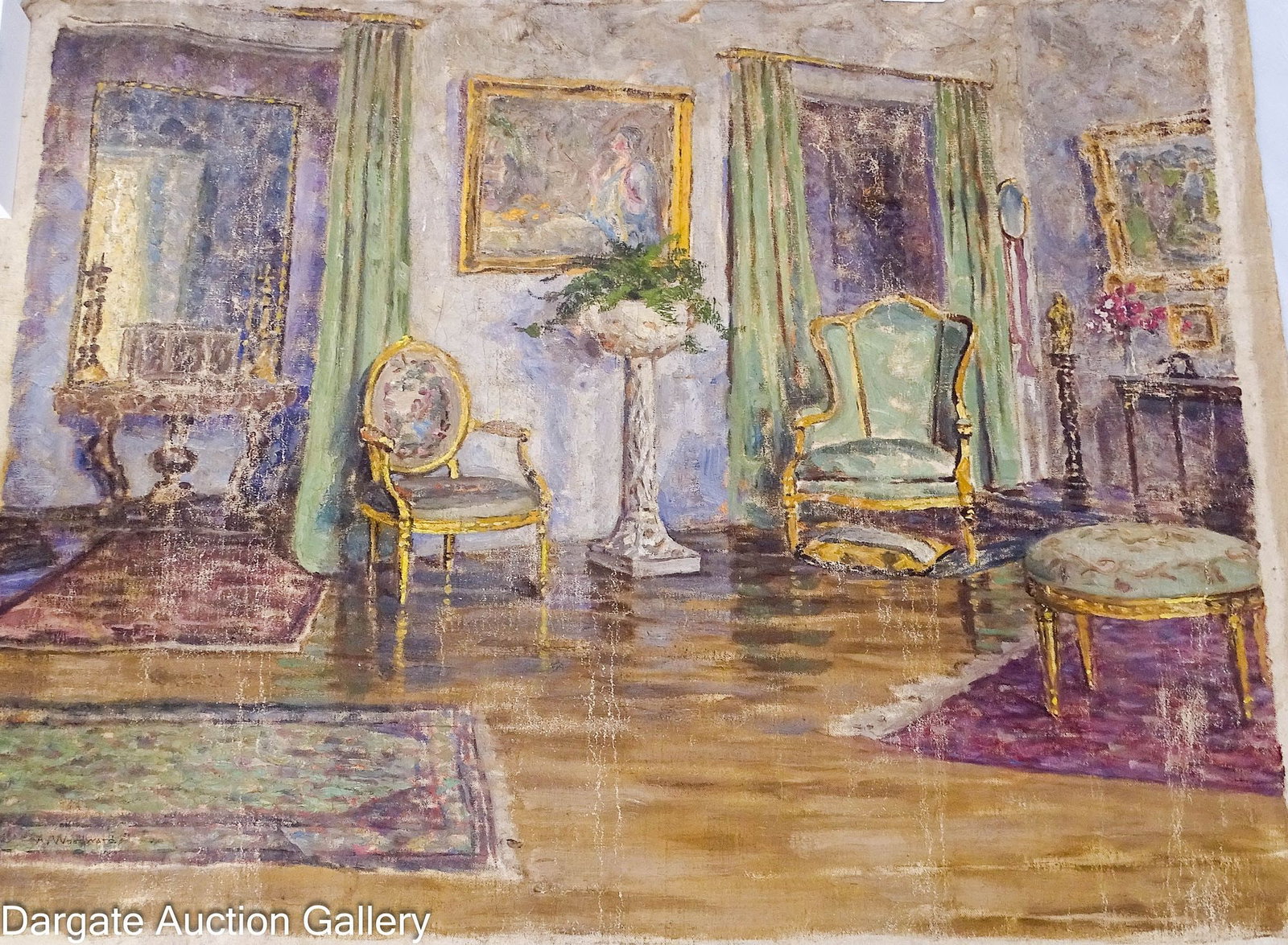 ANNA WOODWARD OIL ON CANVAS INTERIOR SCENE: Anna Woodward (French/American/PA, 1868-1935) Oil on canvas Interior scene; signed lower left; Not framed or on a stretcher; Measures: Overall canvas - 28"H x 34"W; Condition: Wear, loss to 