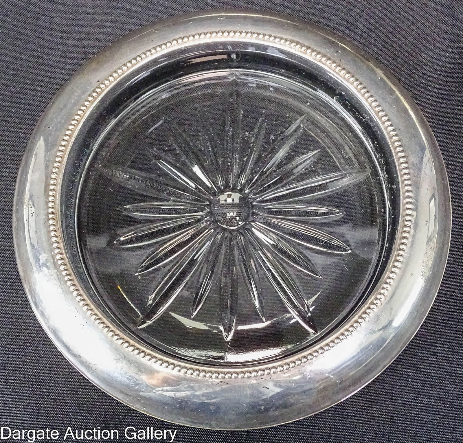 4pc SET WHITING STERLING & CRYSTAL WINE BOTTLE COASTERS: Frank M Whiting & Co Sterling beaded edge on sterling rim, starburst in crystal bottom [FRANK M WHITING & CO STERLING 06 PAT PENDING]; Measures - 1.25"H x 6.5" diameter, 5"