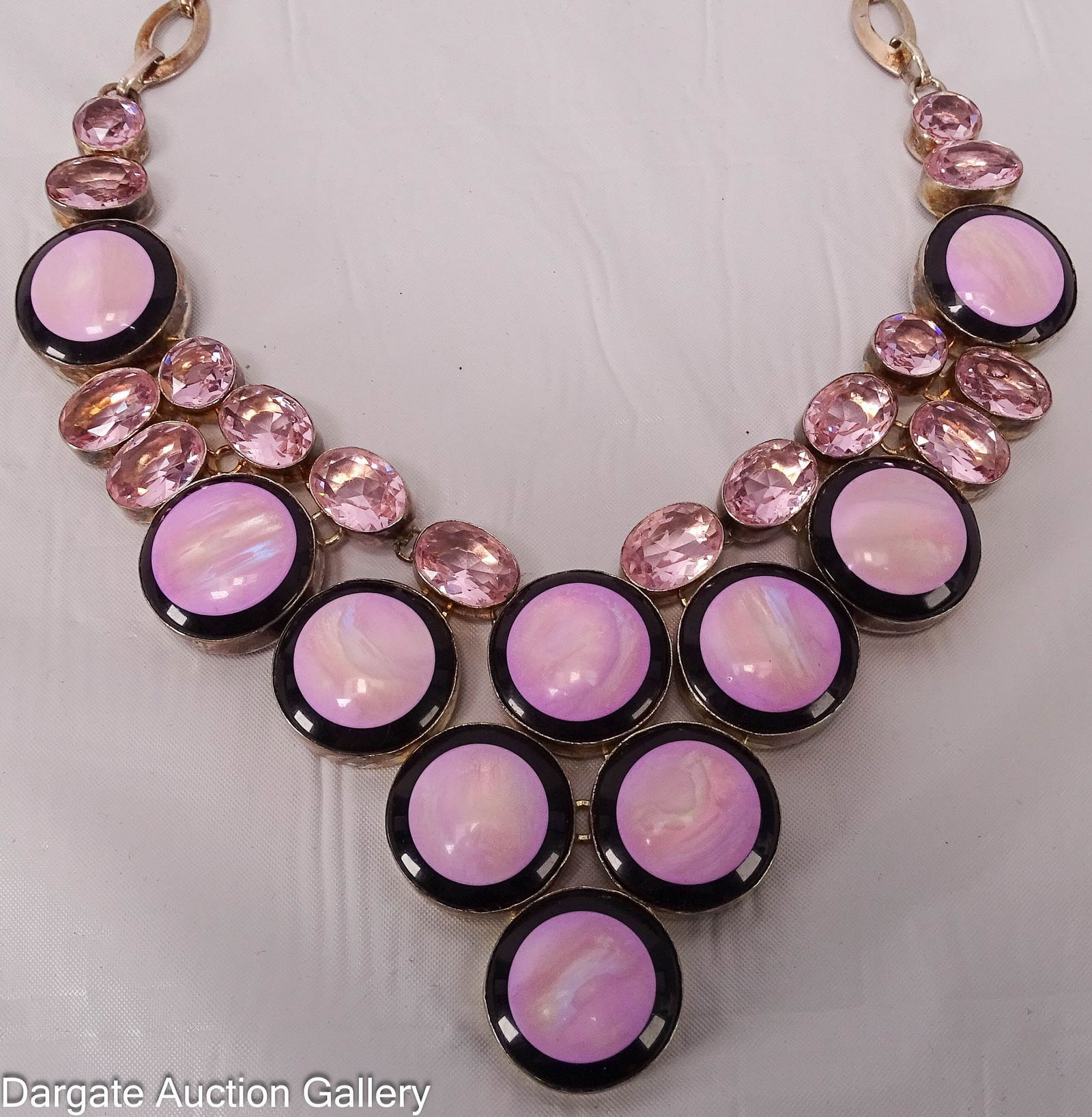 LOS CINCOS SOLES STERLING NECKLACE: Bib style necklace, round iridescent cabochons with oval faceted faux stones (not gemstones) with toggle clasp; back of necklace is marked [925], approx 20"L 