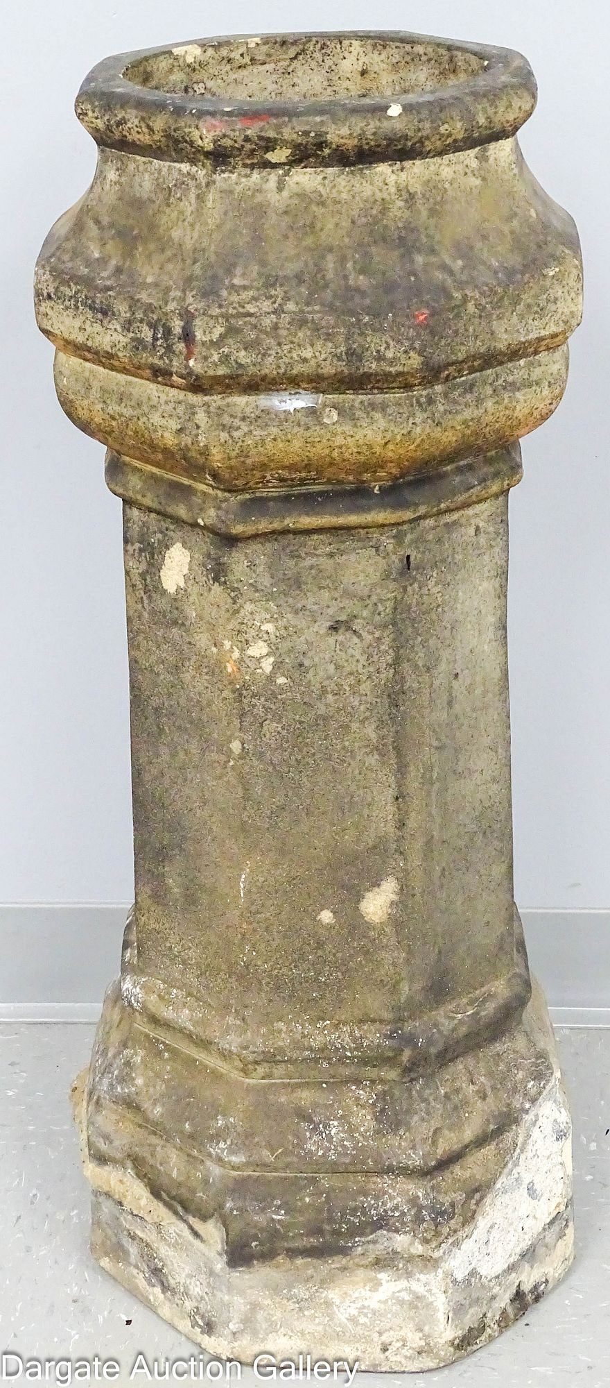 ANTIQUE CHIMNEY POT: Octagon chimney pot; Measures: 30.5"H x 10.5" diam top, 13" diam bottom; Condition: Cement residue on base, some chips, soiling, smoke stains, some finish loss