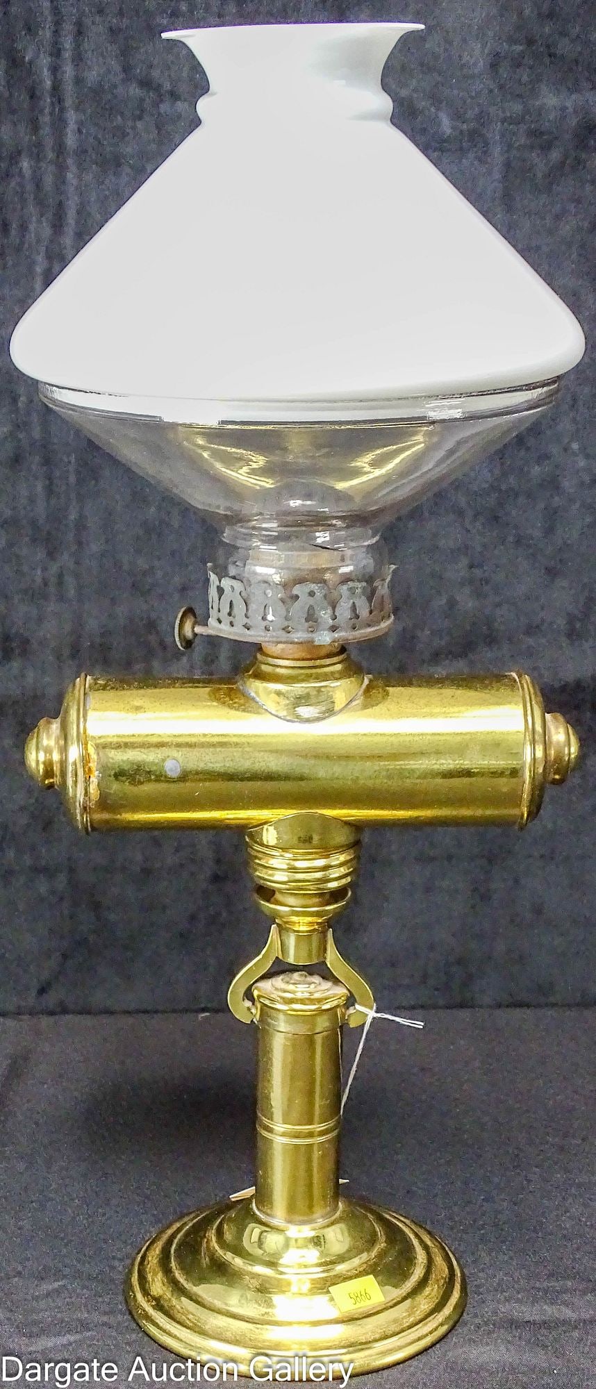 1879 SPENCER BRASS STUDENT PIANO OIL TABLE LAMP: Spencer brass student lamp with cast iron weighted base; this has patent dates of Aug 12 1879 and May 18 18801; marked on the tank and the column; burner knob is marked [THE ARCTIC M.B. CO NY]; this h