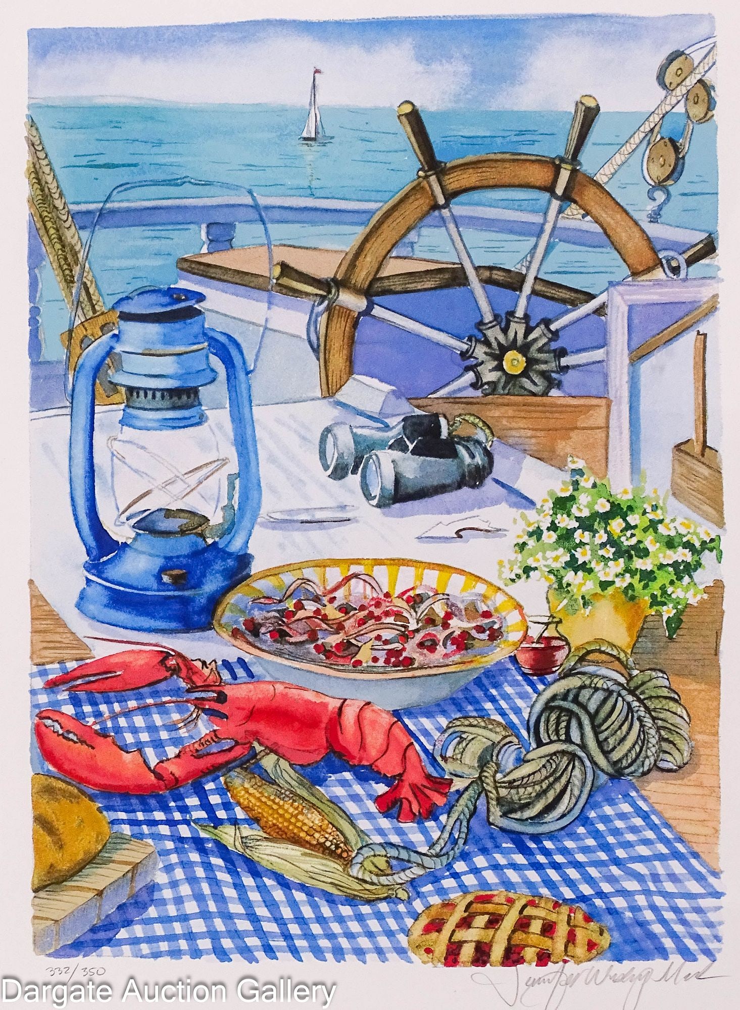 JENNIFER WINSHIP-MARK STENO LITHOGRAPH - FRESH CATCH: Jennifer Winship-Mark (American, XX-XXI) Steno lithograph titled "Fresh Catch" Nautical boat scene with a view of the ocean in the background and a lobster on the table in the foreground; pe