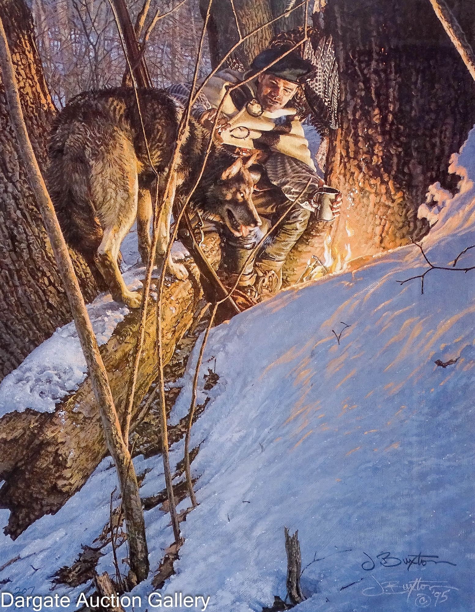 JOHN BUXTON LITHOGRAPH - WARM COMPANIONS: John Buxton (American/PA, b. 1939) 1995 Limited Edition Lithograph [207/750]; Depicts a wolf and hunter gathered around a fire; Signed lower right, set under glass in modern molded frame; Measures: