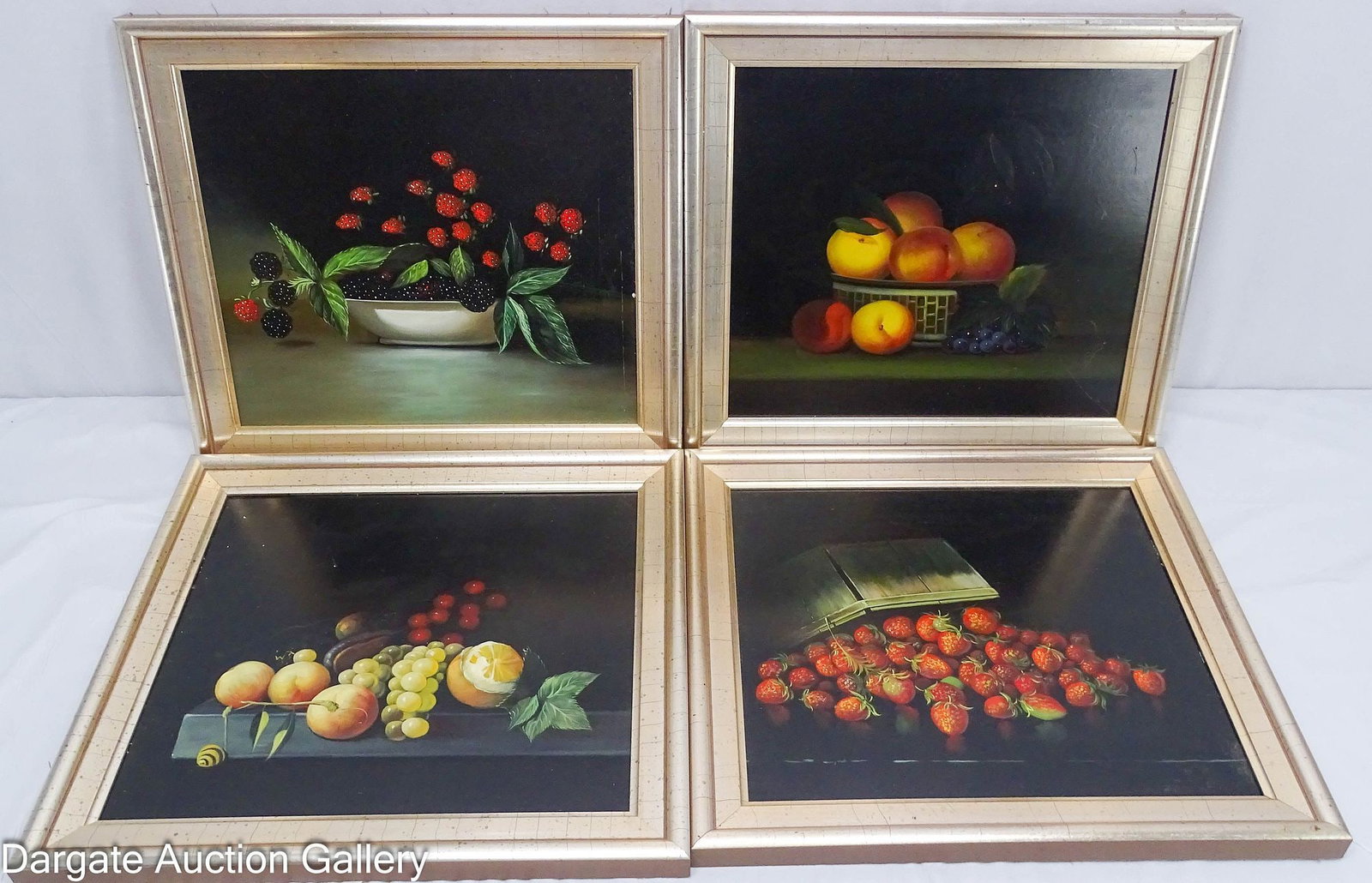 (4) OIL ON WOOD STILL LIFE REPRODUCTIONS: Oil on wood paintings include: 1887 Strawberries - After Joseph Decker (American/NY, 1853-1924) 1887 Raspberries & Blackberries - After Joseph Decker (American/NY, 1853-1924) Peaches & U