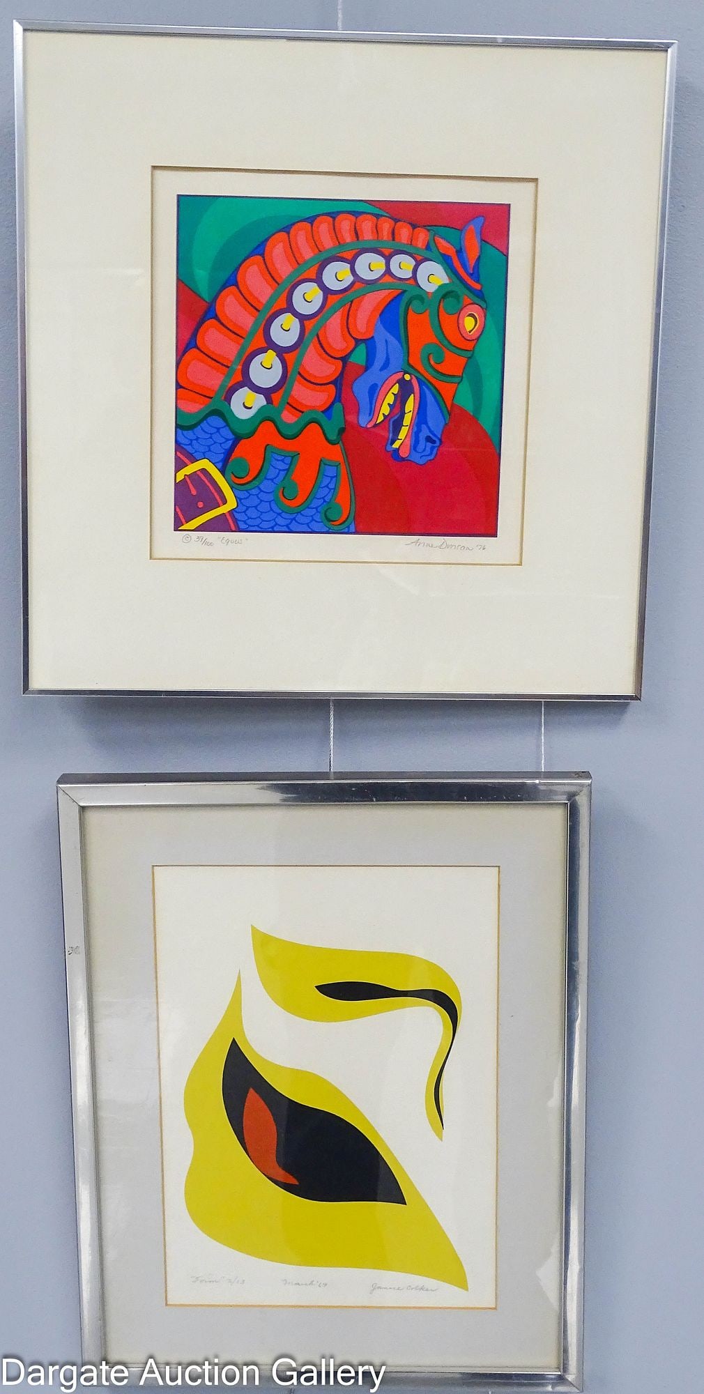 (2) MID CENTURY MODERN ABSTRACT LITHOGRAPHS: Both are set under glass in modern frames; Includes: 1976 "Equs" by Anne (?) - Abstract Horse lithograph, In pencil under image: Lower Left [Equs 39/100], Lower Right [Signed