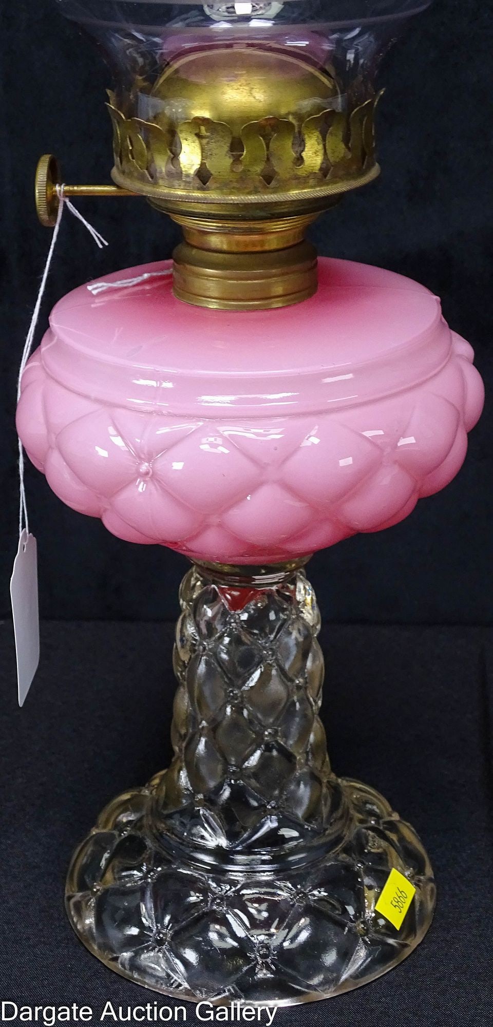 QUILT FLORETTE KEROSENE STAND OIL LAMP: Cased rose pink glass font, colorless base, #2 burner marked [IMP'D CLIMAX PAT JAN 21 1890]; chimney has lions; made by Consolidated Lamp Glass Co Circa 1894; Measures - 9 3/8"H to top of fon