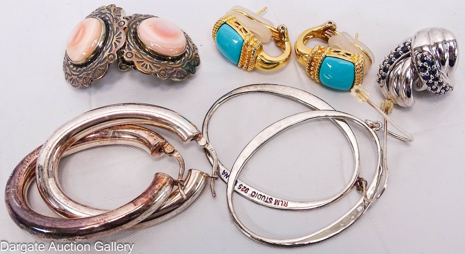 (5) PAIRS STERLING SILVER PIERCED EARRINGS: Includes: (2) pairs hoops (1 with blue stone), (1) vermeil with turquoise and (1) Carolyn Pollack with mother of pearl; Total Gross Weight - 32.7g