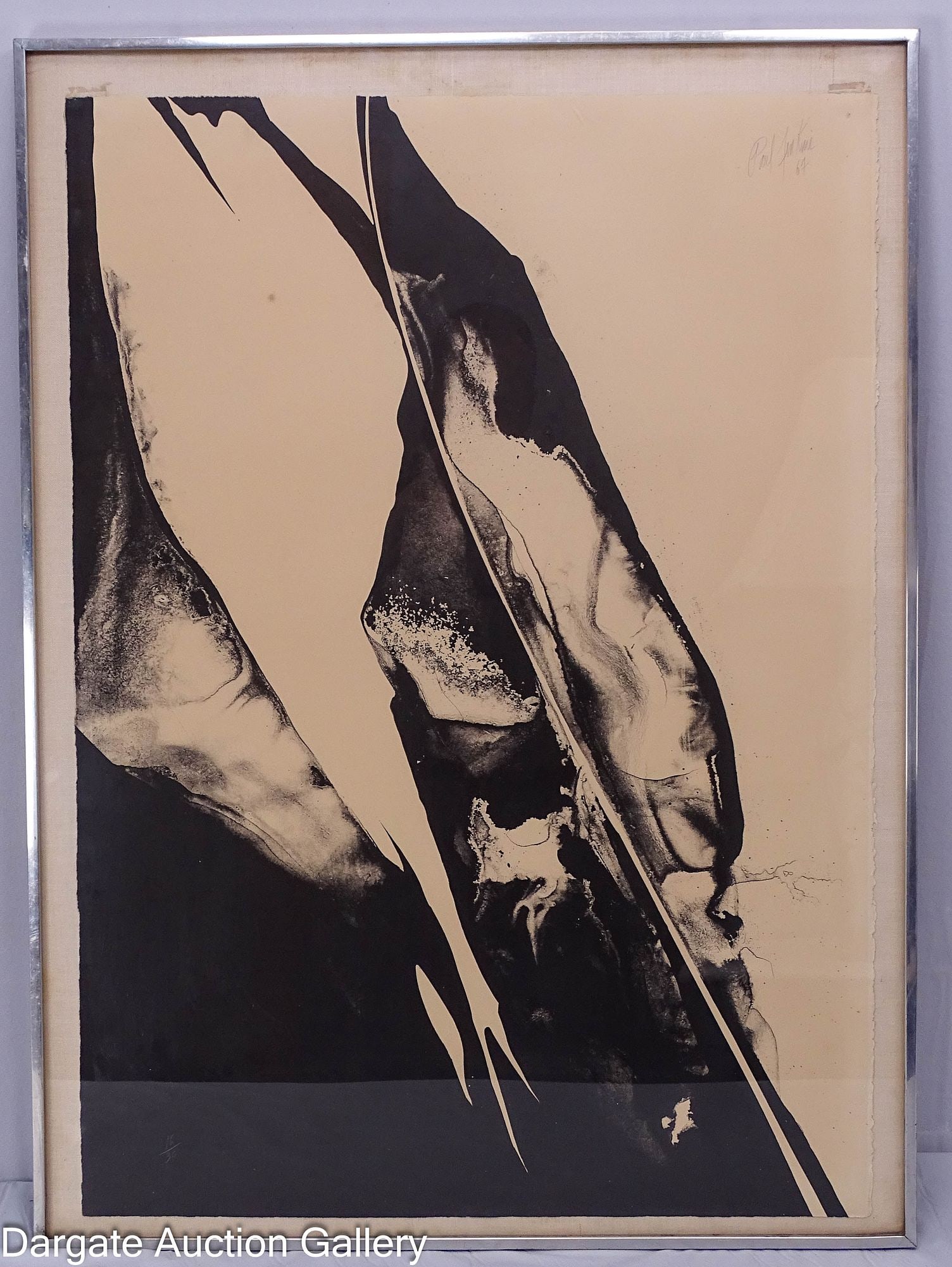 PAUL JENKINS 1967 B&W LITHOGRAPH - PHENOMENA SOUND OF SUNDIALS: Paul Jenkins (American/MI/NY, 1923-2012) 1967 black and white lithograph titled Phenomena Sound of Sundials; Pencil signed and dated upper right; set under glass in metal over wood frame; Measures: Ov