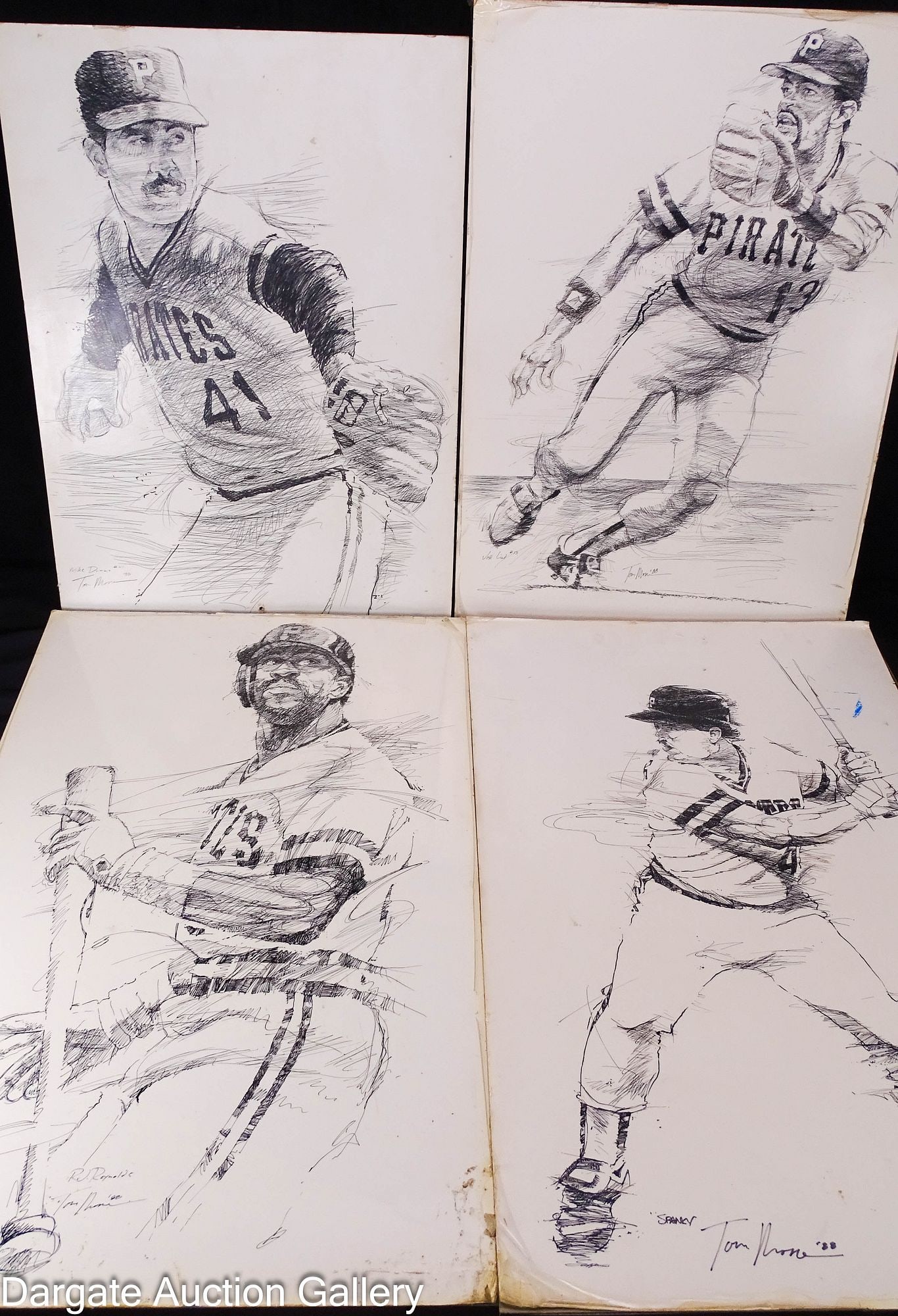 (4) ORIGINAL DRAWINGS OF PITTSBURGH PIRATES BY TOM MOORE: These appear to be original art work drawings done by Tom Moore, who was a coach for the Pittsburgh Pirates during the 1980's; Team members are #13 Jose Lind, #41 Mike Dunne, RJ Reynolds and Micha