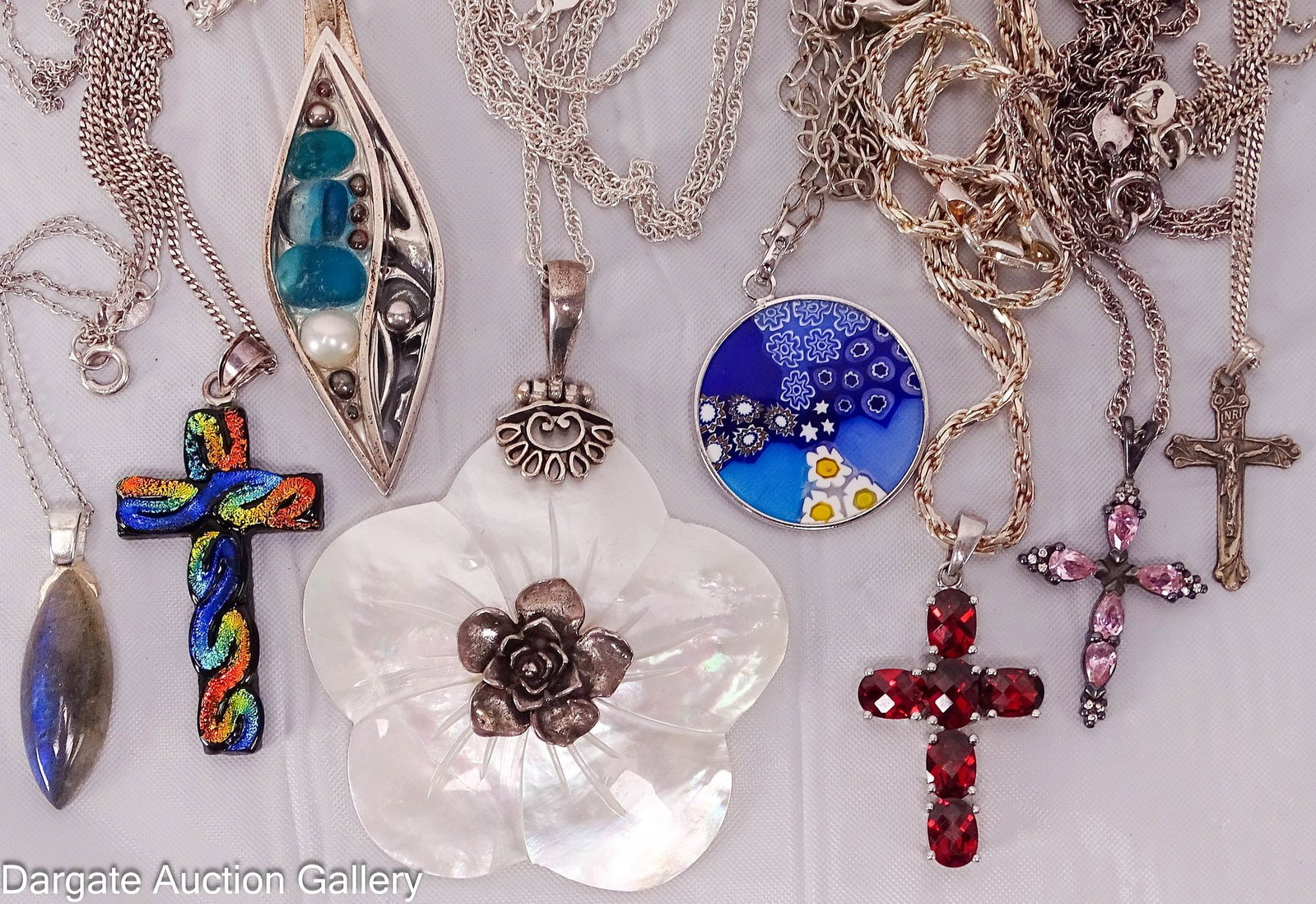 (8) NECKLACES WITH SERLING CHAINS: Includes: 23.5"L Mother of pearl flower pendant [925 INDONESIA] with spring ring clasp, chain - [NFP 925] 23.5"L pearl & blue stone pendant [not marked] with spring ring clasp