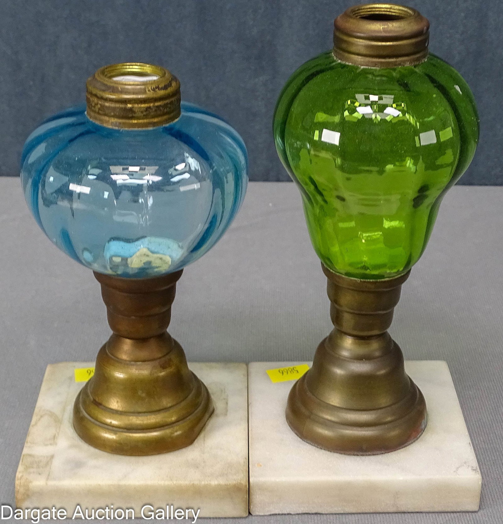 (2) MID 19tH CENTURY SMALL WHALE OIL FLUID LAMPS: (2) Victorian marble base ribbed melon font oil lamps; Includes: Ribbed melon cornflower blue font, brass column; 7"H to top of collar, 3.5" square base, 3.25" diameter font (marb