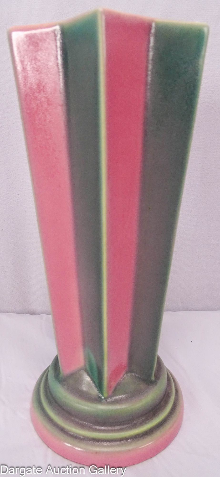 ROSEVILLE POTTERY FUTURA PLEATED STAR VASE: Roseville Pottery Pleated Star vase from their Futura pattern line, circa 1925; Measures: 8.25"H x 3.75" diameter at top