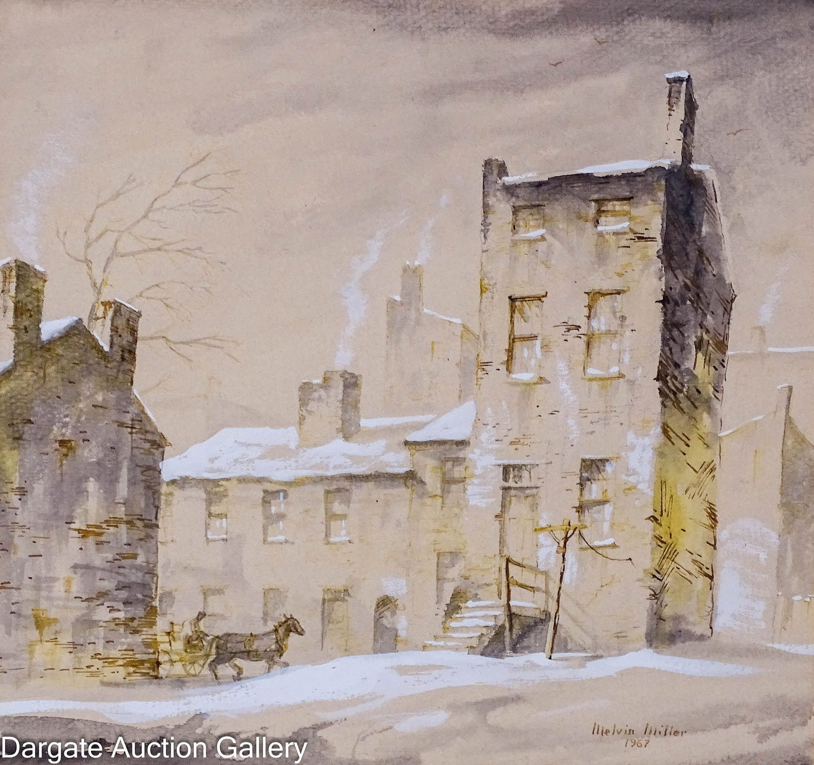 MELVIN ORVILLE MILLER JR WATERCOLOR OF BALTIMORE: Melvin Orville Miller JR (American/Baltimore MD, 1937-2007); 1967 Signed watercolor/gouache on paper, depicting a street scene of Baltimore Maryland, may have been a study for an oil painting; Signed 