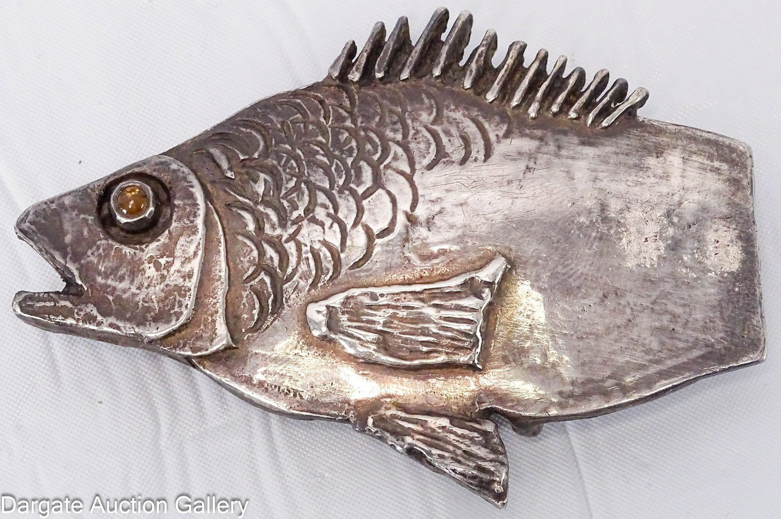 HAND CRAFTED STERLING & CITRINE FISH BELT BUCKLE: Hand crafted Sterling fish belt buckle with a citrine set for the fish's eye [925] [HAND MADE]; Measures: 2"H x 3"W, 44.7g