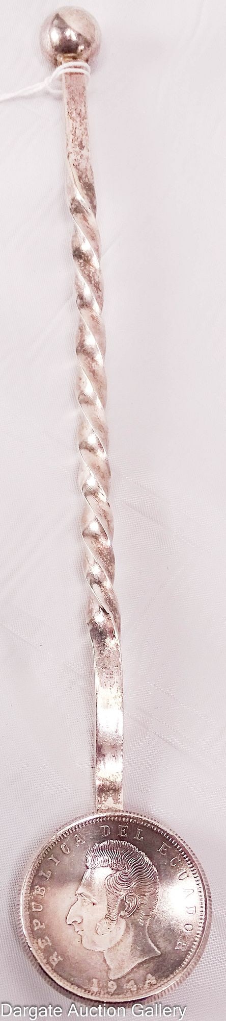 1944 ECUADOR 5 SUCRES COIN SPOON: Coin was used to for the bowl of the spoon, it was affixed to a long square shaped handle, that was twisted in the center, and has a round ball at the end. This artisan piece has [.925 finn] etched in