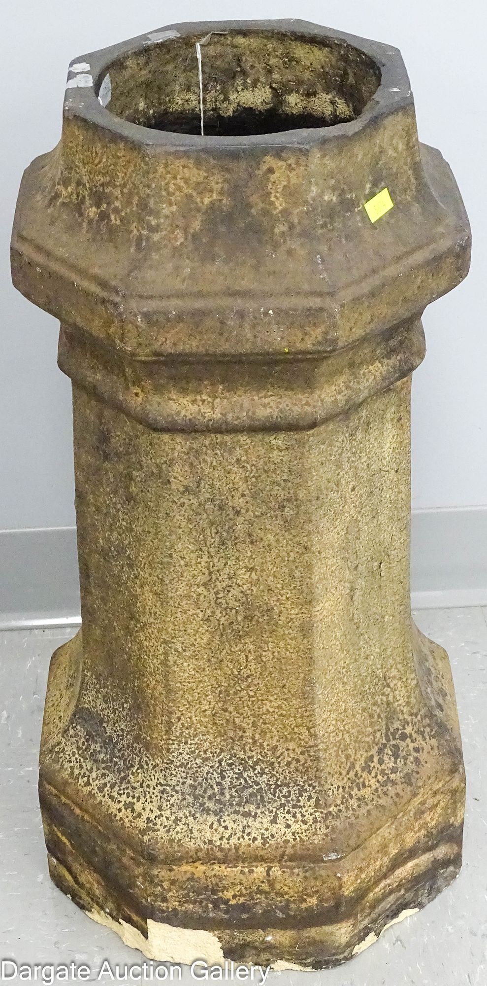 SMALL ANTIQUE CHIMNEY POT: Octagon sided chimney pot; Measures: 23.5"H x 8" diameter on top, 10.5" diameter on bottom; Condition - Chips, cement residue on base, soiling, smoke stains, finish loss