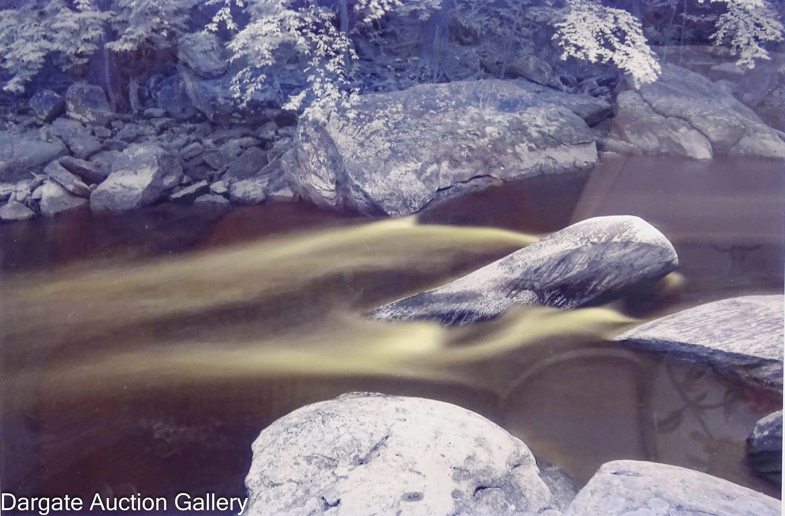 WILLIAM MILBERRY PHOTOGRAPH: 2007 Photograph of a rocky river, signed under the photo, lower right [WILLIAM MILBERRY 2nd PRINT 6-20-07]; Set under glass in faux wood frame; Measures: Photo - 10"H x 15"W, Frame - 16.75&q