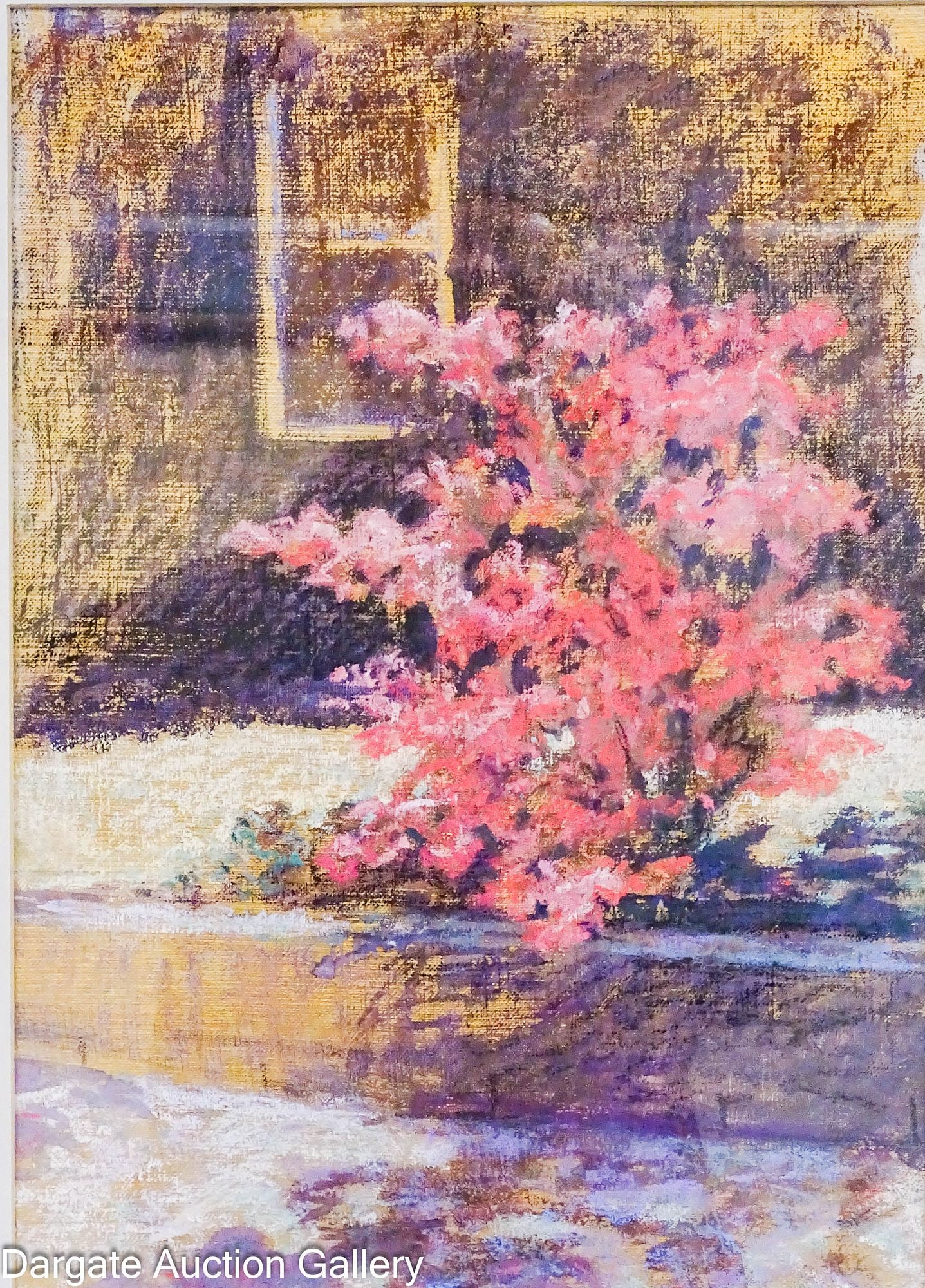 LINDA WALLEN PASTEL ON CANVAS STREET SCENE: Linda Wallen (American/Pittsburgh, 20th Century) Pastel on canvas street scene; Painting instructor at Carnegie Museum of Art; Pencil signed lower right; set under glass in modern gold tone metal fram