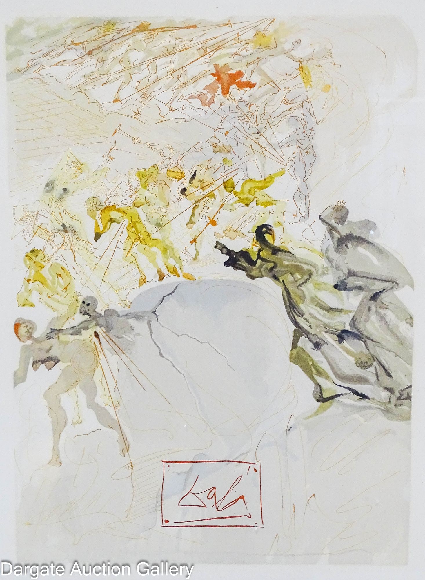 SALVADOR DALI WOODCUT DIVINE COMEDY PURGATORY CANTO 25: Salvador Dali (Spanish, 1904-1989) Woodcut created in 1960 as part of his Divine Comedy Series, depicting souls in the Seventh Terrace of Purgatory; set under glass in contemporary frame; Measures: