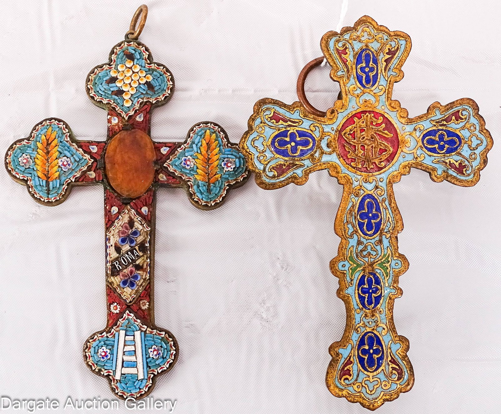 (2) ANTIQUE BRONZE DECORATED CROSSES: Includes: Micro mosaic papal cross depicting the body and blood of Christ, along with a depiction of Jacob's ladder Enamel bronze cross from a Holy Font Measures: Approx 4" square