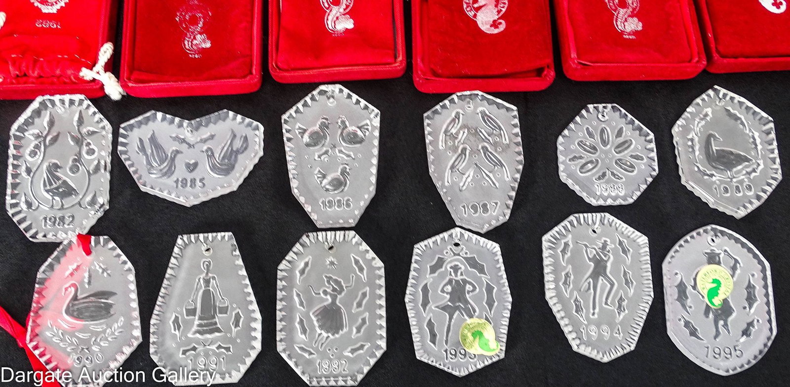 (12) WATERFORD CRYSTAL CHRISTMAS ORNAMENTS: All acid etched [Waterford]; all in boxes and original velvet pouches; includes 1982 and 1985-1995; Measures: Box - 1.25"H x 2.75"W x 3.75"D