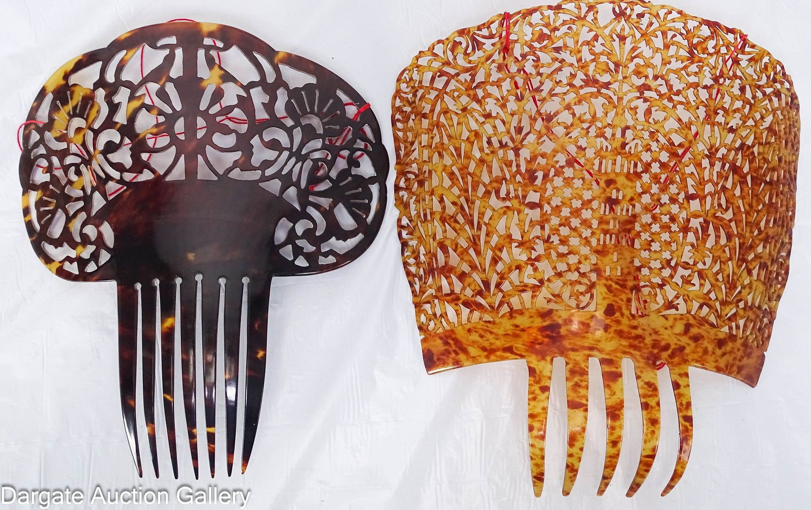 (2) VICTORIAN SPANISH MANTILLA PEINETAS: Includes: (1) Celluloid; Top - 8"H x 10"W, Comb - 3"H x 3.5"W, overall - 11.5"H x 10"W; (1) Faux Tortoise Shell; Top - 5.75"H x 8.75"W, Comb -
