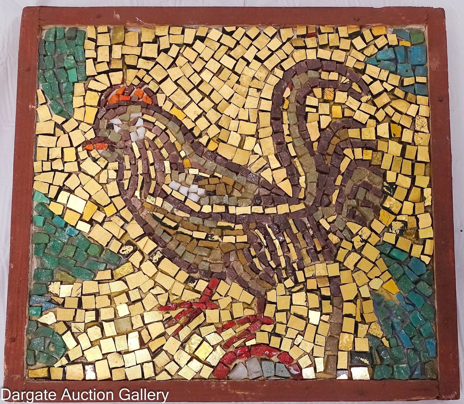 ITALIAN MOSAIC GOLD BLUE & RED ROOSTER: Vintage mosaic of a Rooster or Chicken made of stone(?) and colored glass in a simple wooden frame; marked on back [MADE IN ITALY RA 1/1]; Measures: Visible Art - 7.5"H x 8.25"W, Frame -&nbs