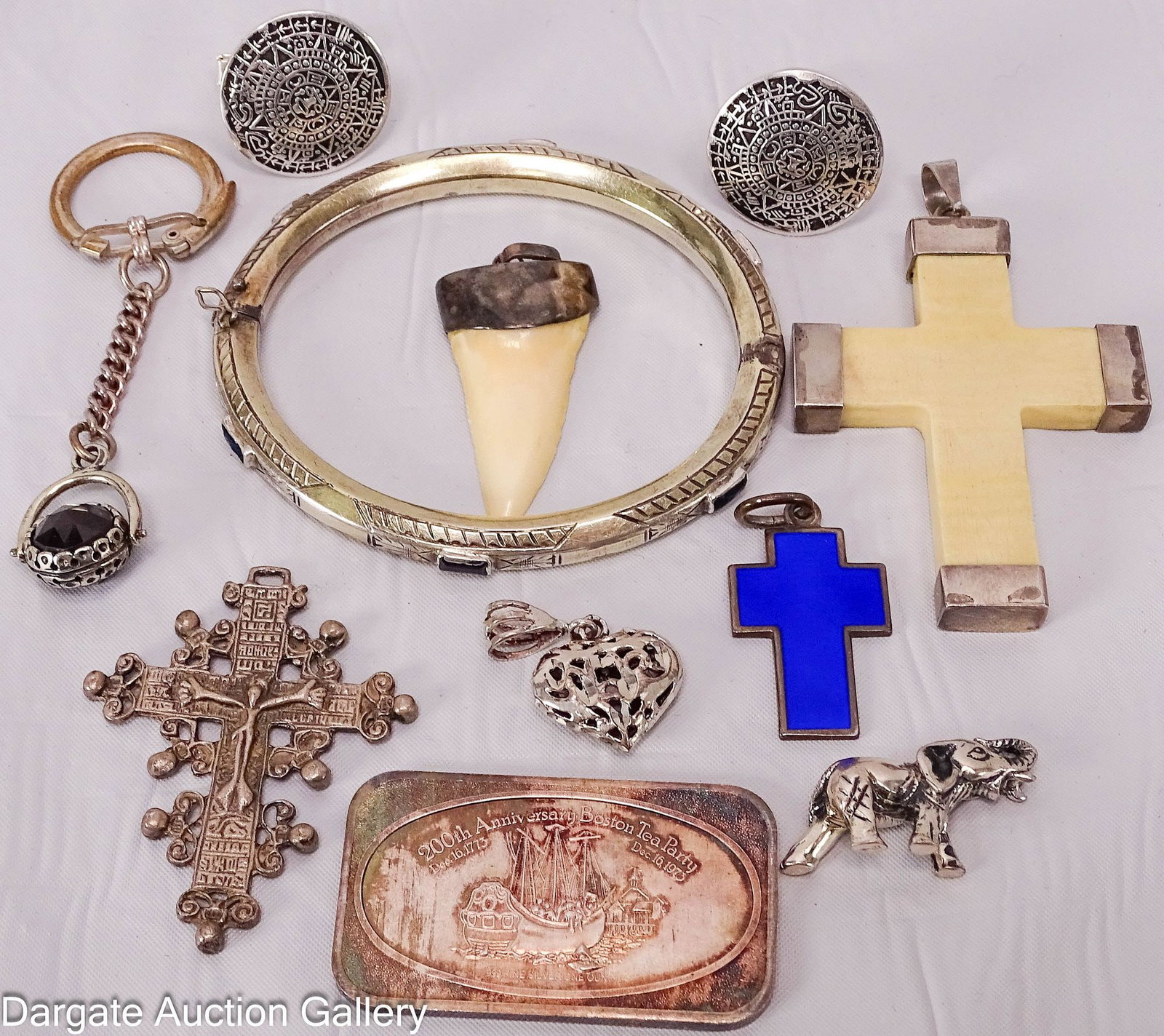 10pc ASSORTED SILVER ITEMS: Includes: Sterling Aztec Sun stone calendar cufflinks [925], 1" diameter, 14.7g Cuff bracelet, [800], 3" diameter, 14.6g 1973 United States Silver Corp Boston Tea Party 200th Anniversa