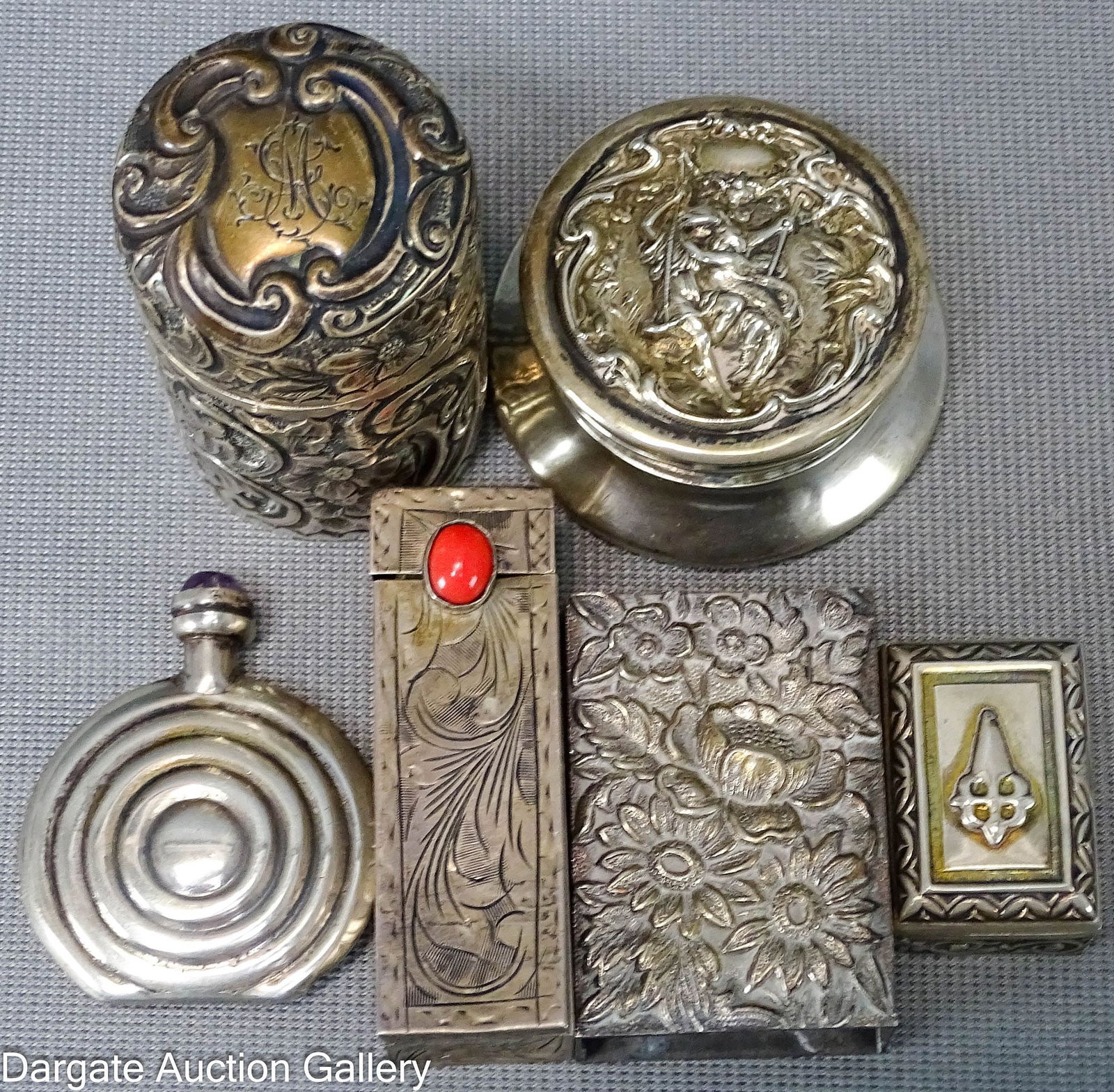 (6) ASSORTED 830 and 925 SILVER VANITY ITEMS: Includes: Kirk repousse matchbook cover [STERLING], .5"H x 1.75"W x 1.25"D, 22g small patch box with red velvet lining [925], 1"H x .75"W x .5"D, 12g glass lined