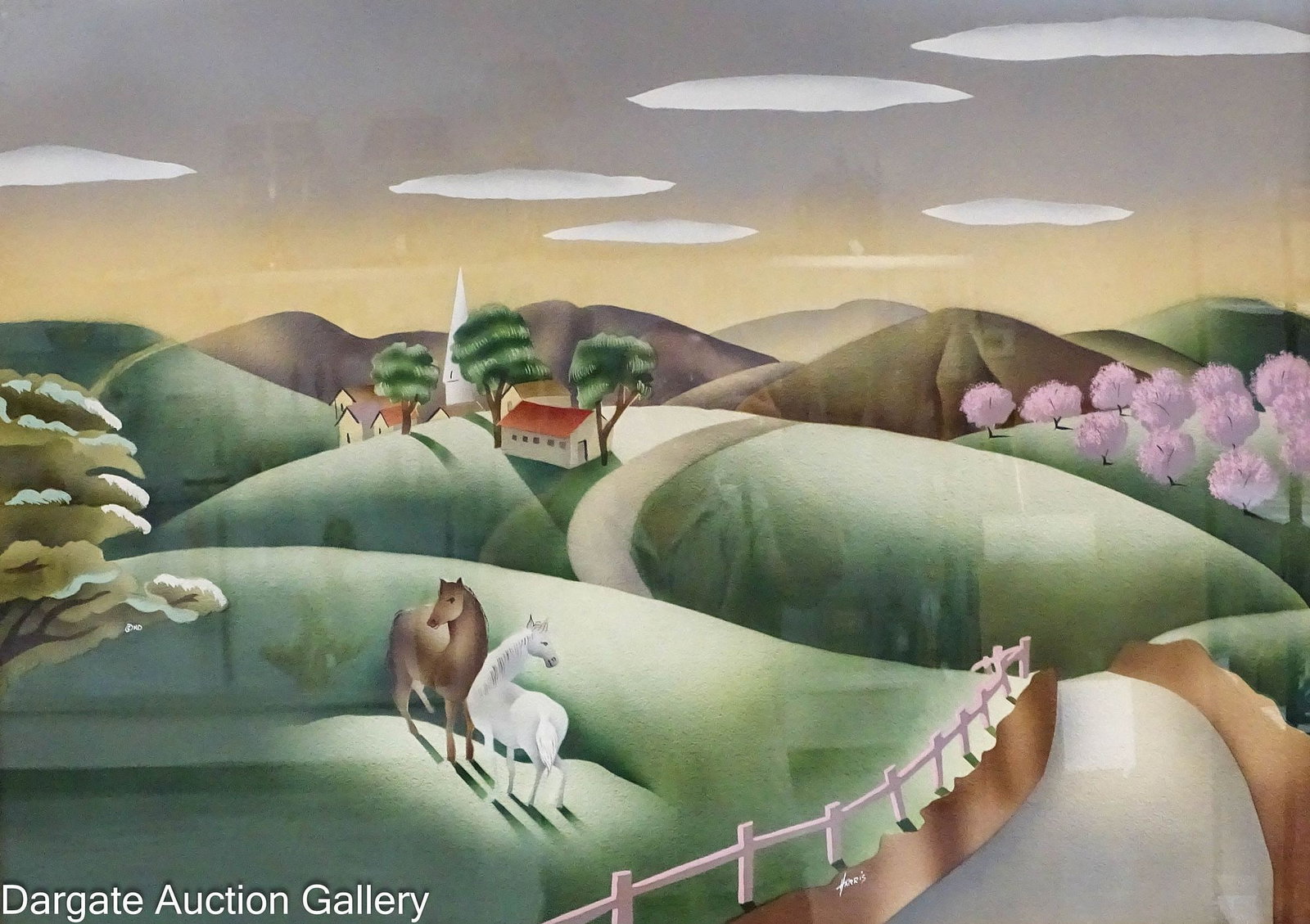 BENJAMIN JORJ HARRIS WATERCOLOR PASTORAL SCENE: Benjamin Jorj Harris (American/GA, 1904-1957) Watercolor and Airbrush depicting a pastoral scene with 2 horses, signed low center [HARRIS], set under glass in painted wood frame; Measures: Visible