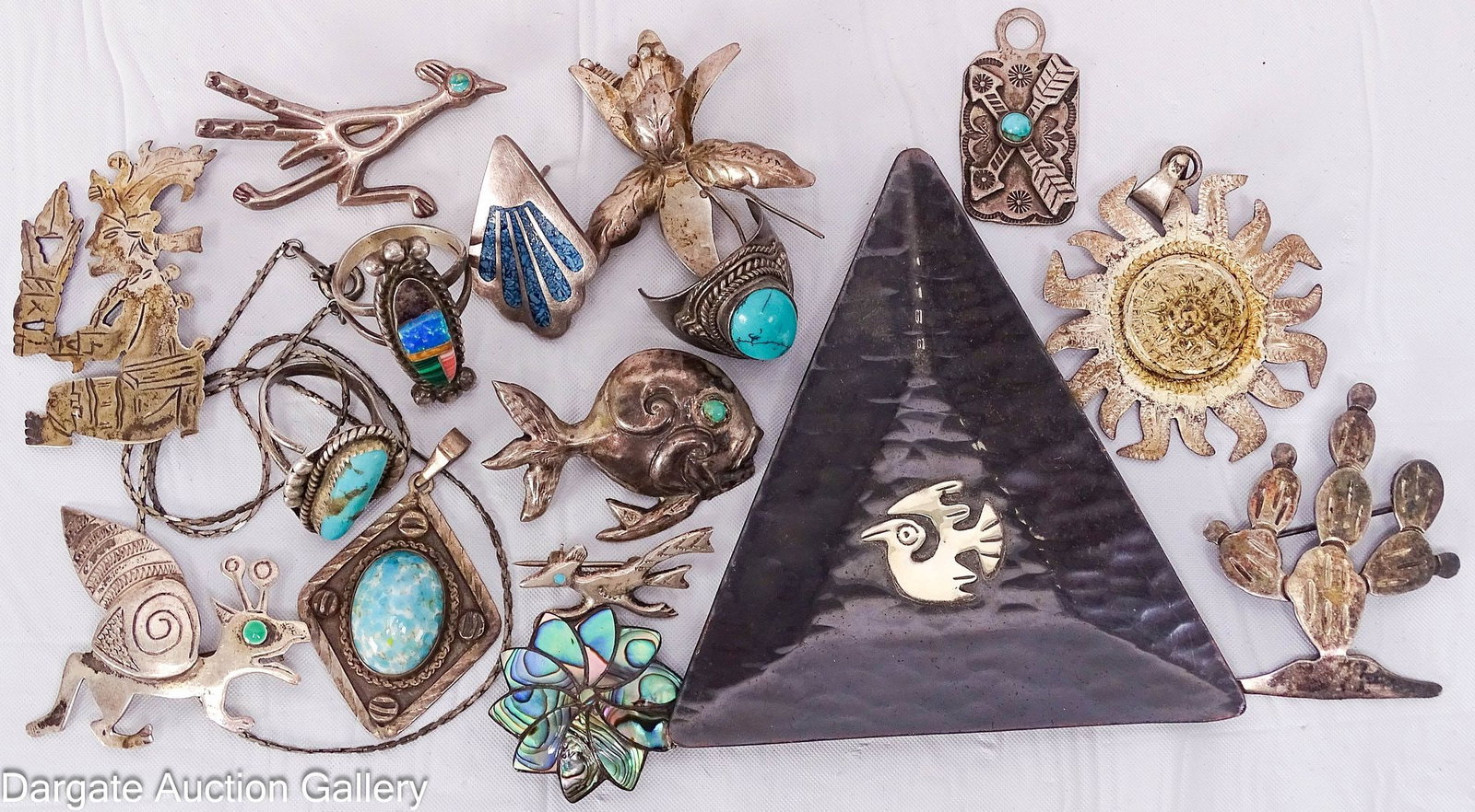 16pc ASSORTED SOUTHWESTERN STYLE JEWELRY incl STERLING: Includes: (3) rings with turquoise stones (stones missing from one, 2 are broken) pendant necklace with turquoise [925] unmatched earring with crushed turquoise [MEXICO 925] (4) animal pins