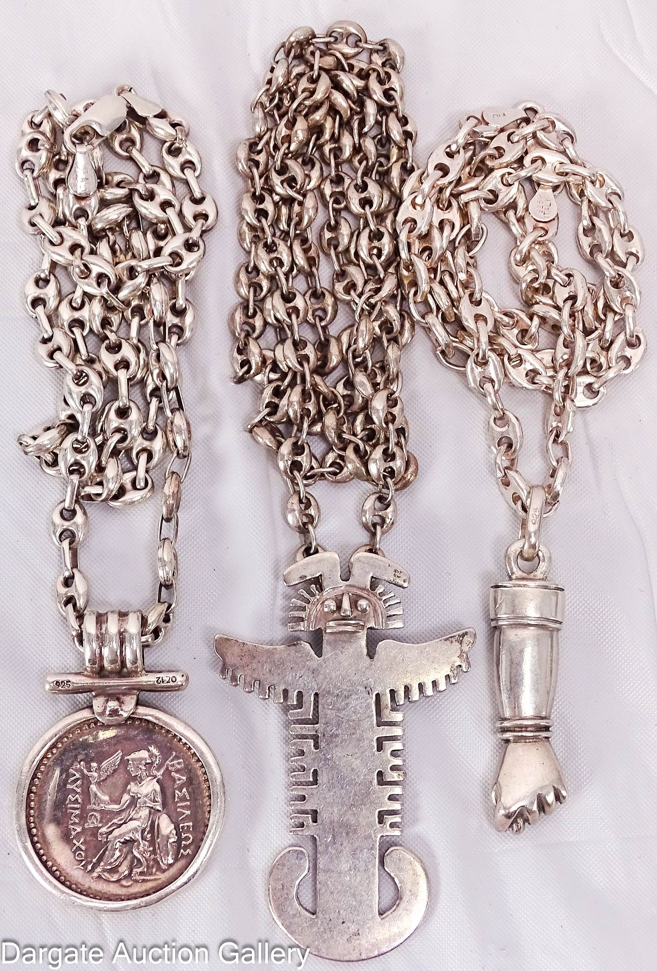 (3) ASSORTED SILVER NECKLACES w/ PENDANTS incl STERLING: Includes: (1) 20"L replica tetradrachm coin, lobster claw clasp [925]; (1) 17.5"L figa hand, lobster claw clasp [925]; (1) Columbian Tolima Pendant [800] // Measures: Sterling - 61.0g; 800