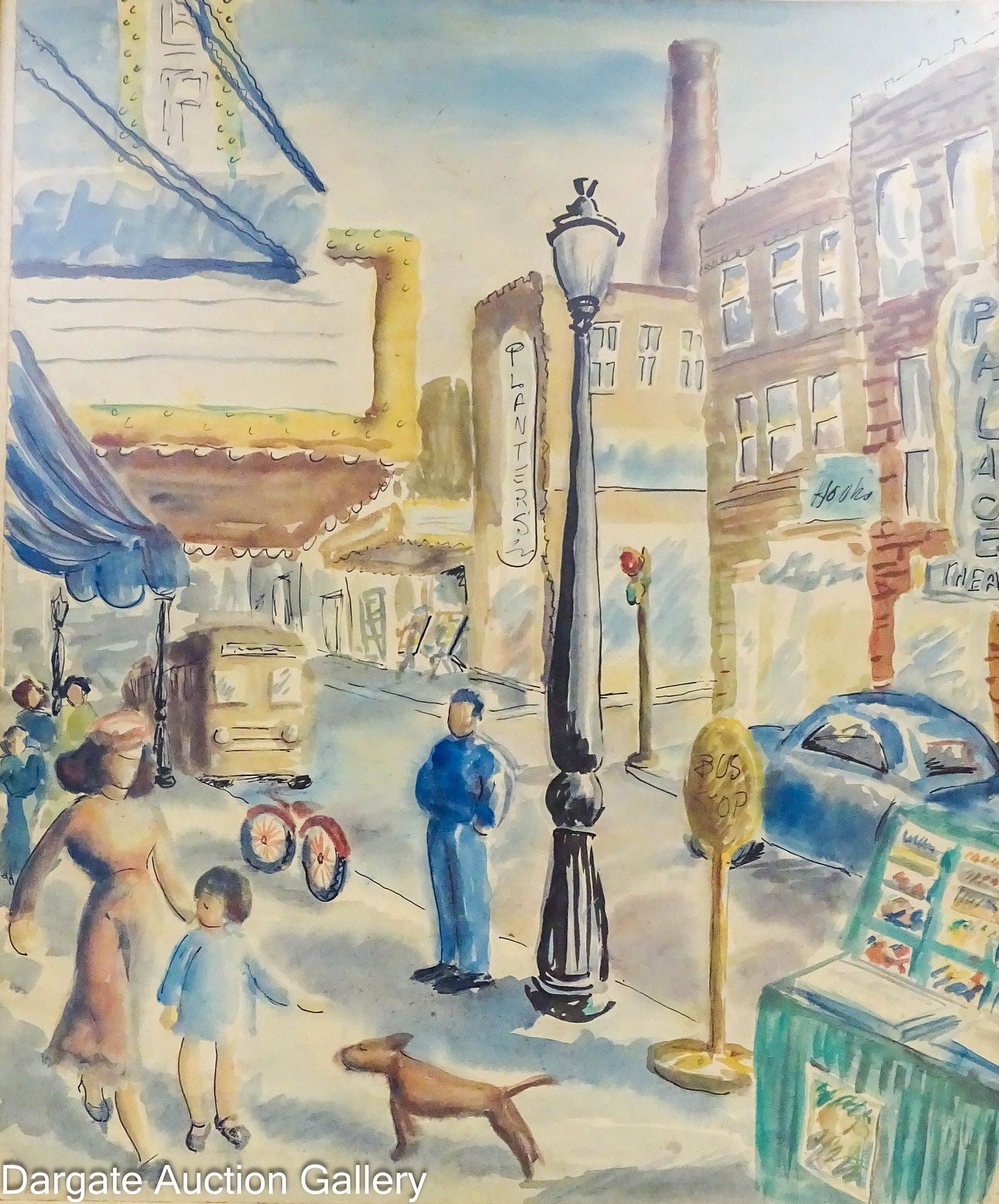 INWOOD WATERCOLOR STREET SCENE: Watercolor on paper street scene, signed lower left [INWOOD]; set under glass in carved gilt wood frame; Measures: Visible Art - 23.5"H x 19.5"W, Frame - 22"H x 28"W; Condition -