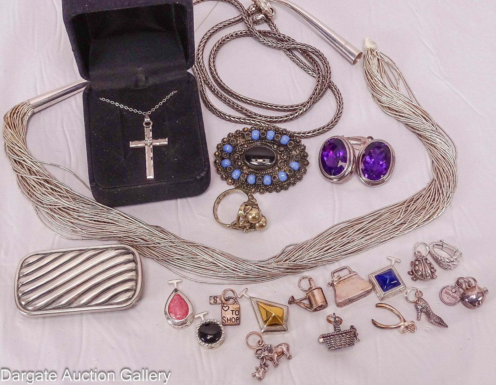 21pcs ASSORTED STERLING SILVER JEWELRY: Includes: liquid silver necklace [925] (not connected inside cone on one end) cross pendant & chain [925] 17.5"L Ann King snake chain [ANN KING 925] 24"L (broken on one side) Ring, size 