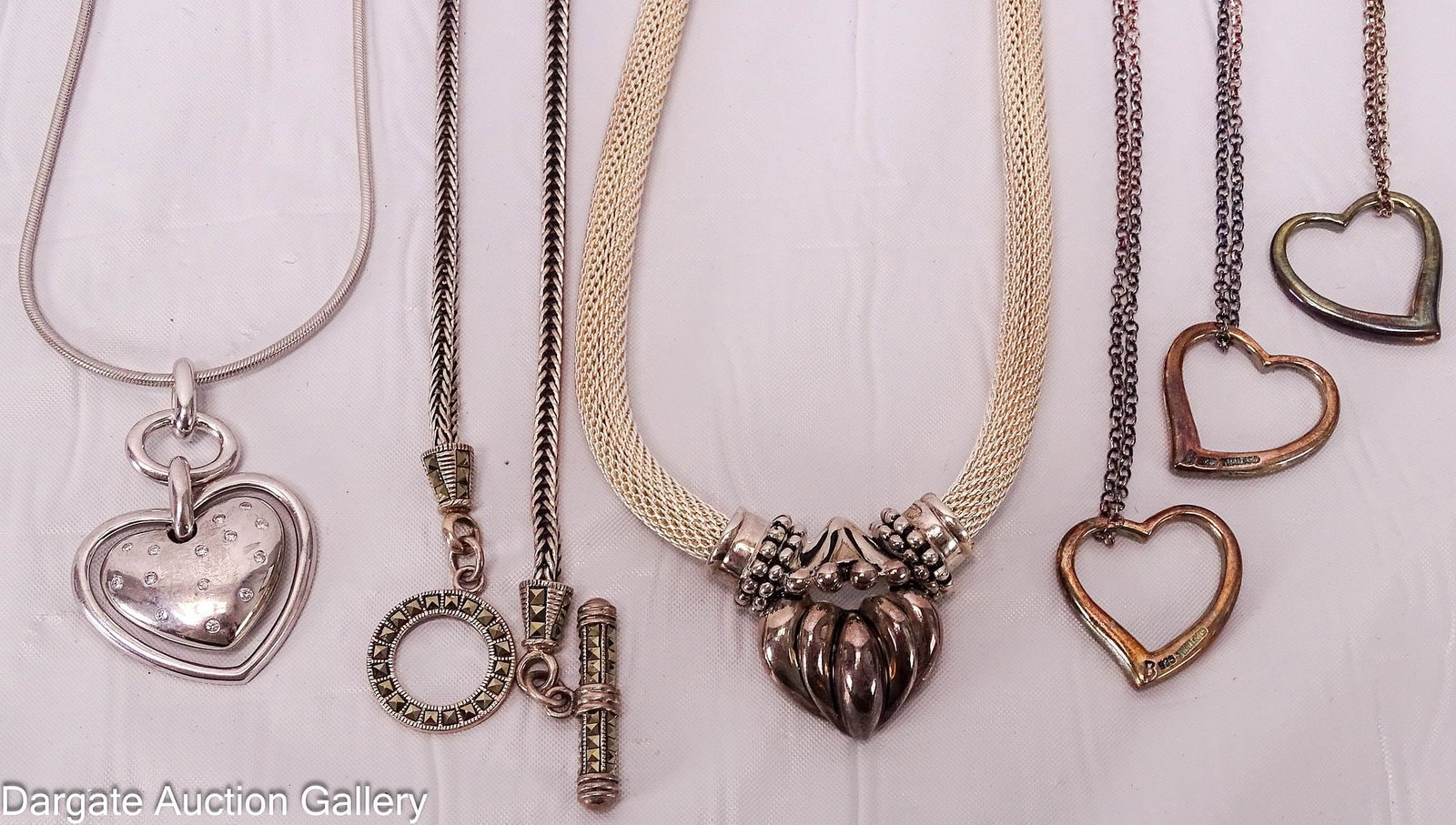 (6) ASSORTED STERLING SILVER NECKLACES: Includes: Joseph Esposito thick braided rope necklace with snap on heart shaped pendant [925 ESPO SIG], 19"L Thick snake cord necklace, toggle clasp set with marcasite [NF 925 THAILAND] 19&