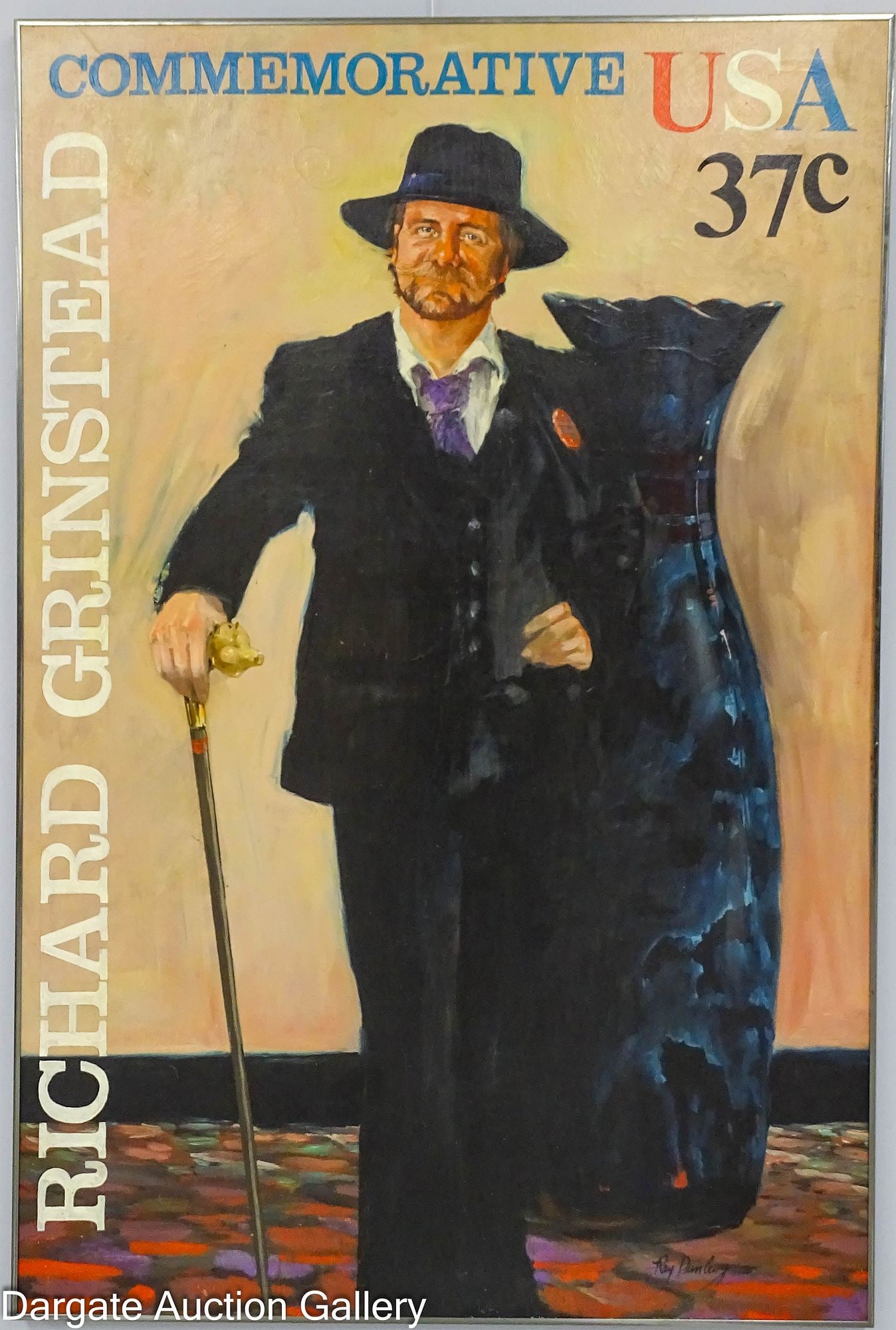 RAYMOND EARL DUNLEVY OIL ON CANVAS - RICHARD GRINSTEAD STAMP: Raymond Earl Dunlevy (American/PA, 1943-2022) Oil on canvas depicting a man wearing a hat and holding a cane, with the name [RICHARD GRINSTEAD] along the edge, made to resemble a stamp; signed lower r