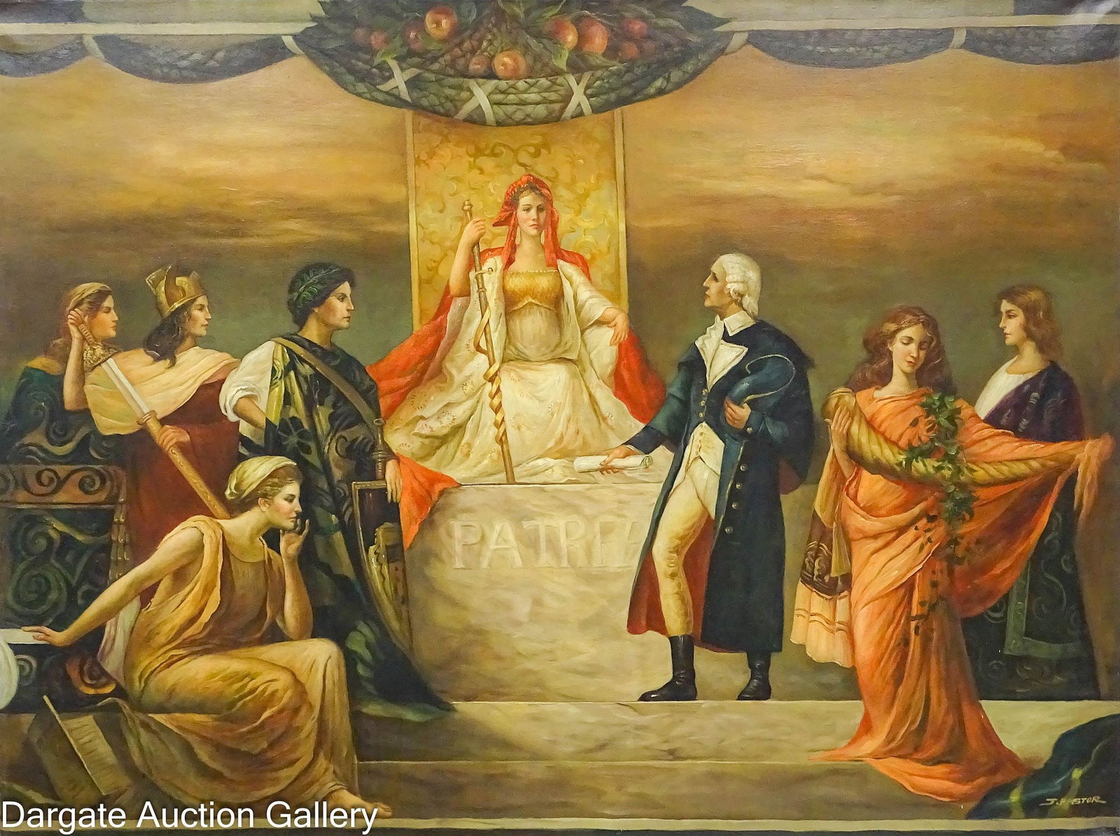 ALLEGORICAL OIL ON CANVAS - GEORGE WASHINGTON'S PATRIOTISM: 20th Century Oil on Canvas Allegorical Representation of George Washington's Patriotism and Love of his Country; As was popular in the 19th Century, this artist [J PASTOR], took the concept of pai